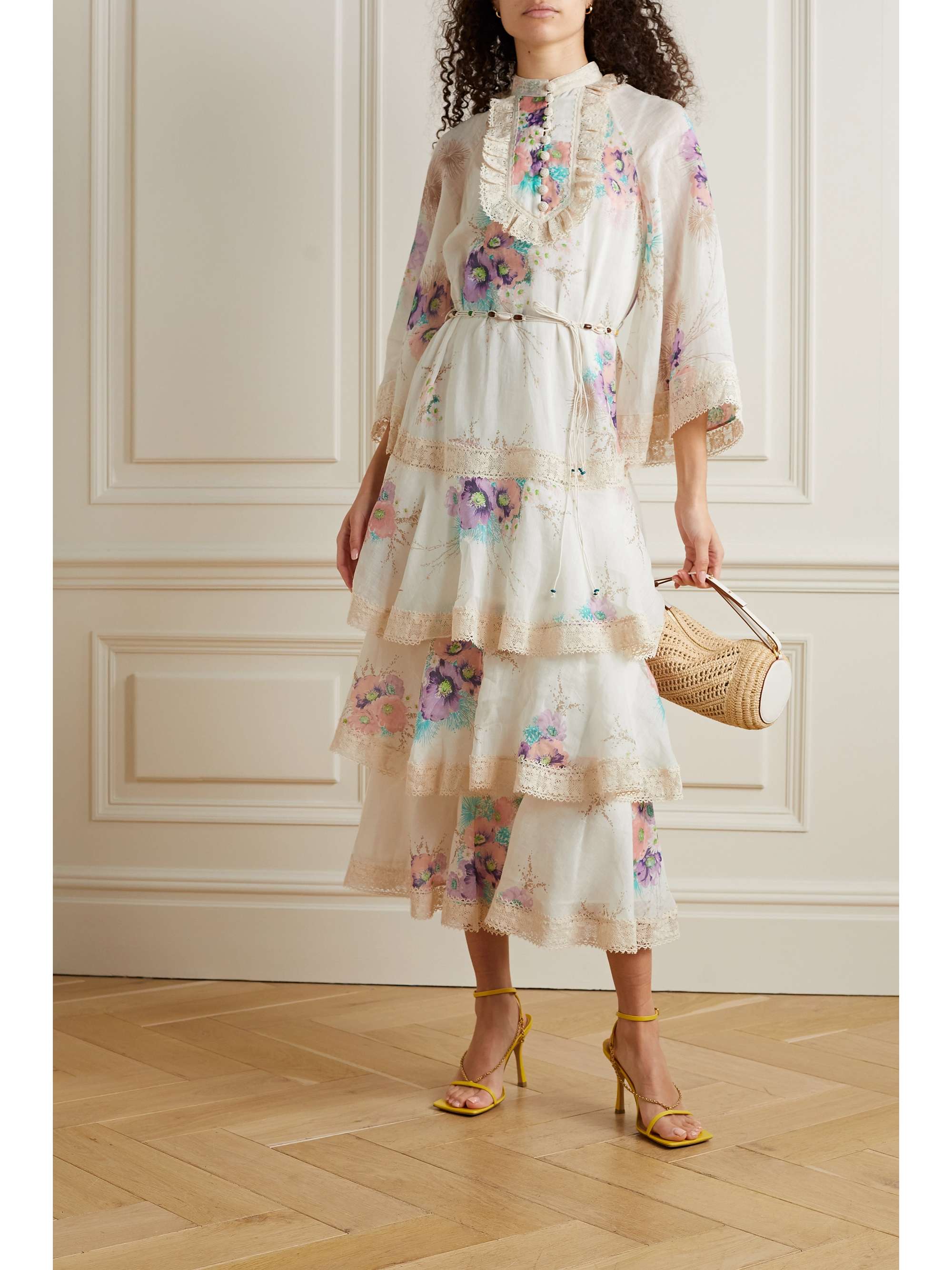 ZIMMERMANN Jude tiered crocheted cotton-trimmed floral-print ramie midi  dress | NET-A-PORTER