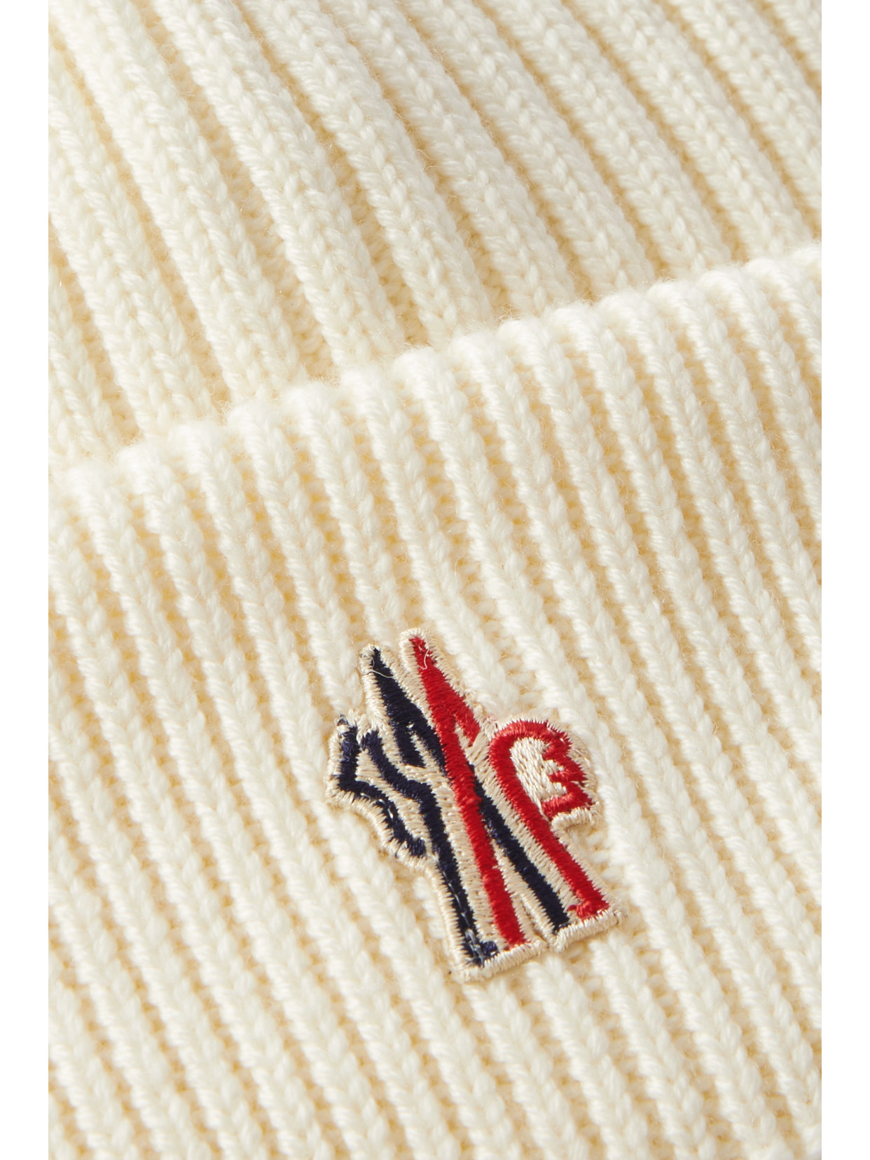 Shop Moncler Appliqued Padded Ribbed Wool Beanie In White