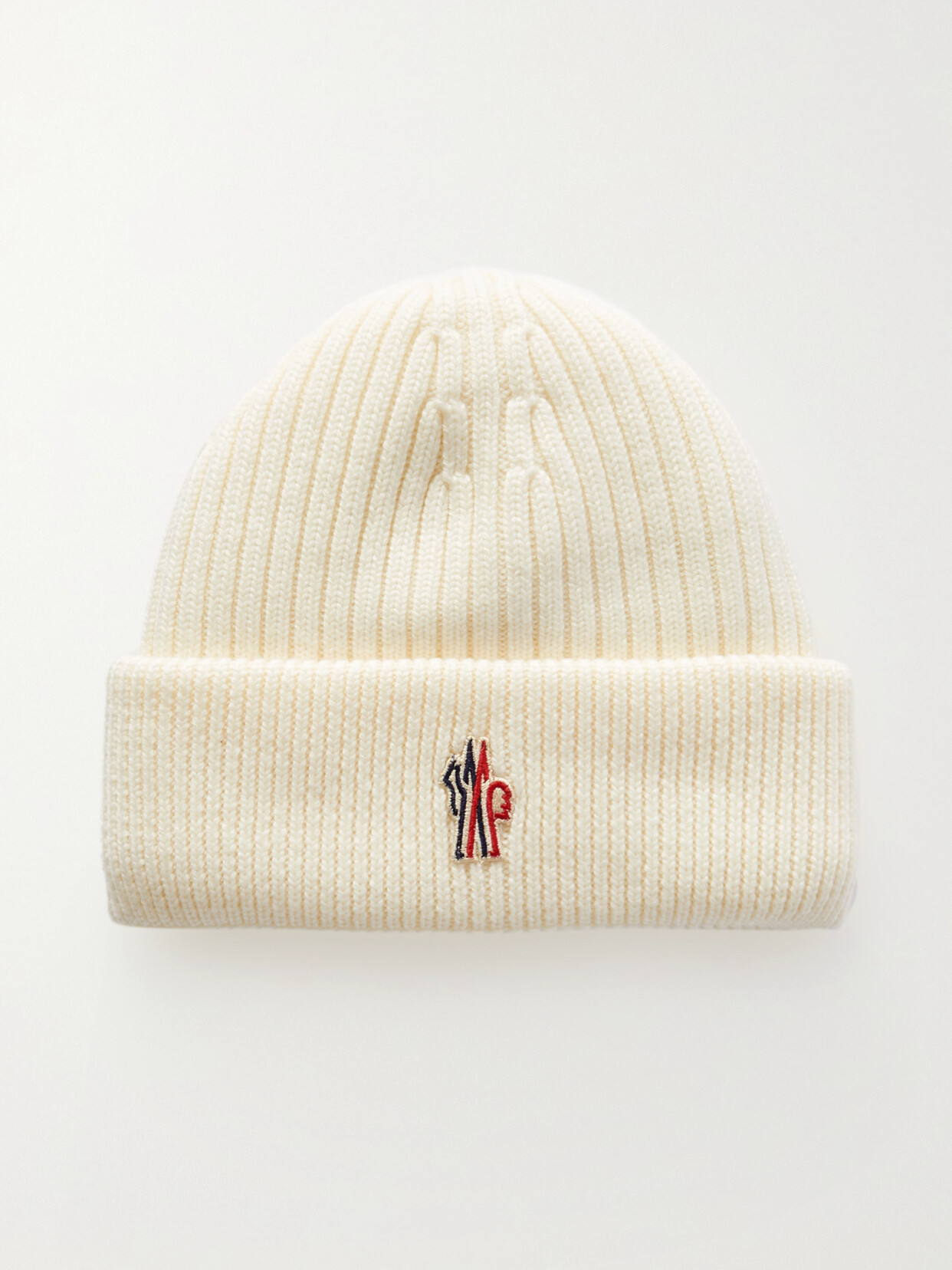 Shop Moncler Appliqued Padded Ribbed Wool Beanie In White