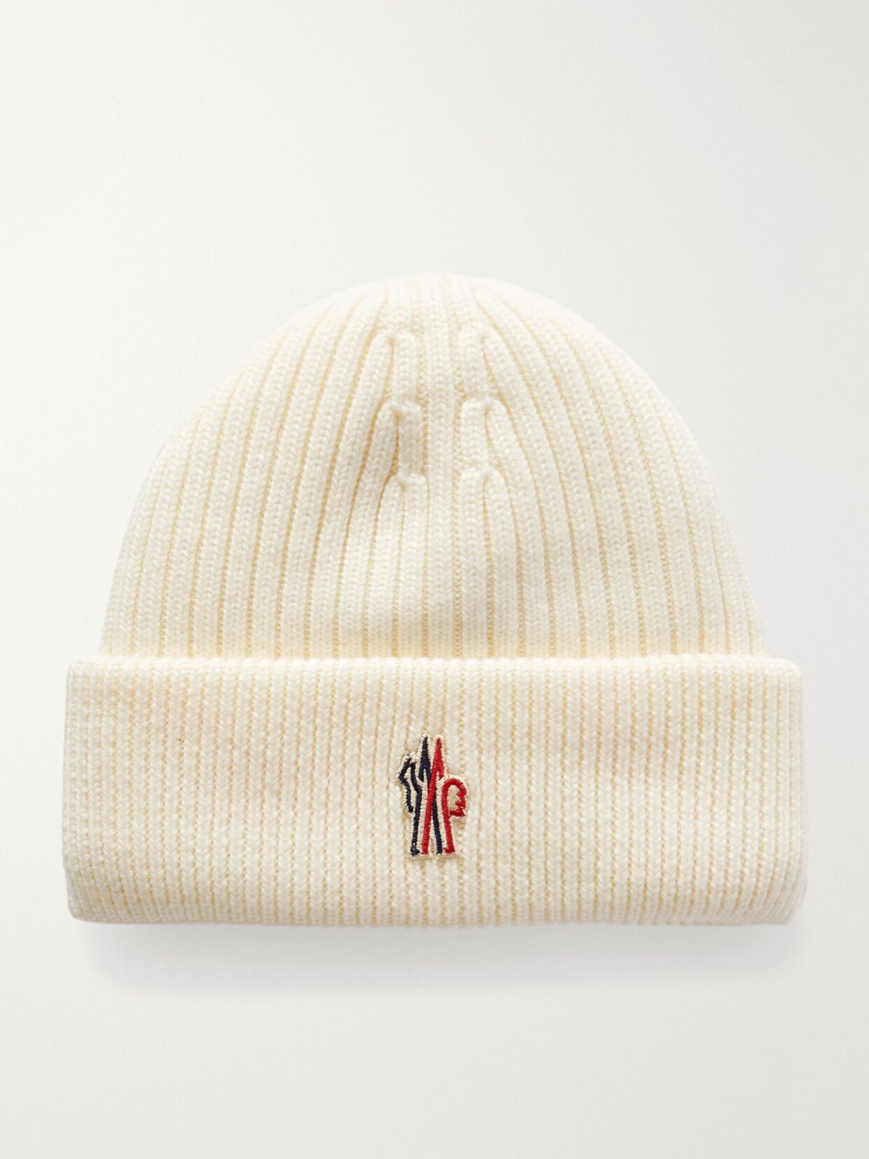 Appliqued padded ribbed wool beanie