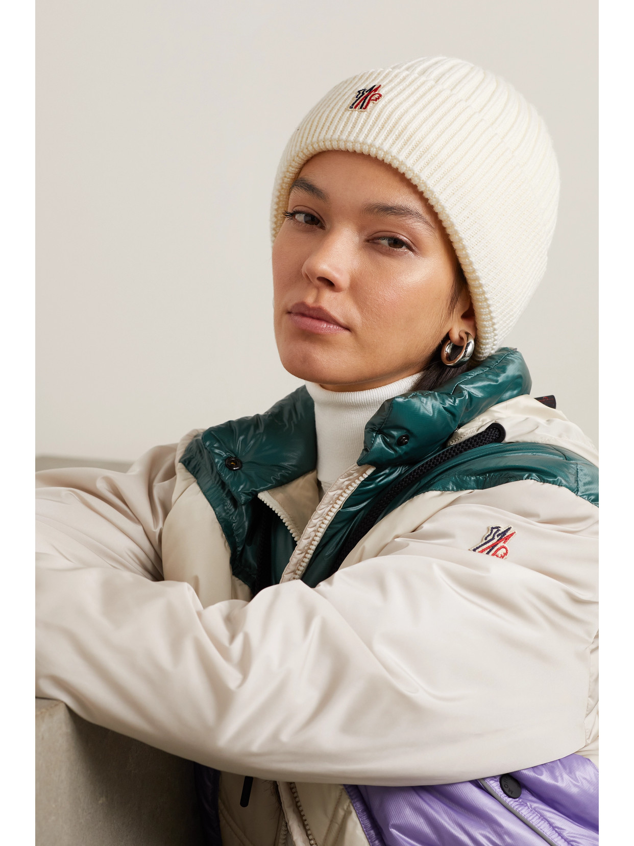 Shop Moncler Appliqued Padded Ribbed Wool Beanie In White