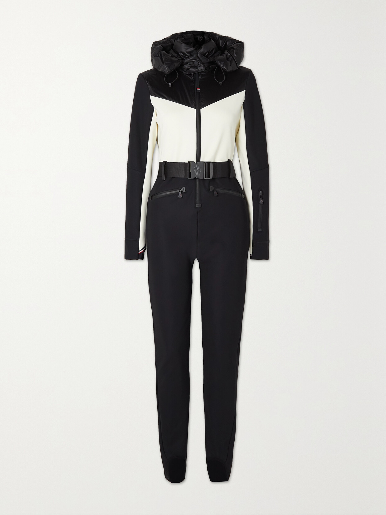 Shop Moncler Hooded Belted Two-tone Down Ski Suit In Black