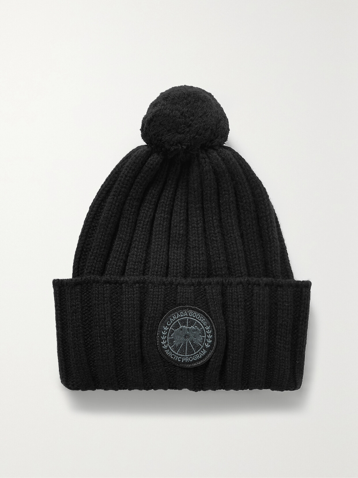 CANADA GOOSE TECH TOQUE POMPOM-EMBELLISHED APPLIQUÉD CASHMERE AND WOOL-BLEND BEANIE