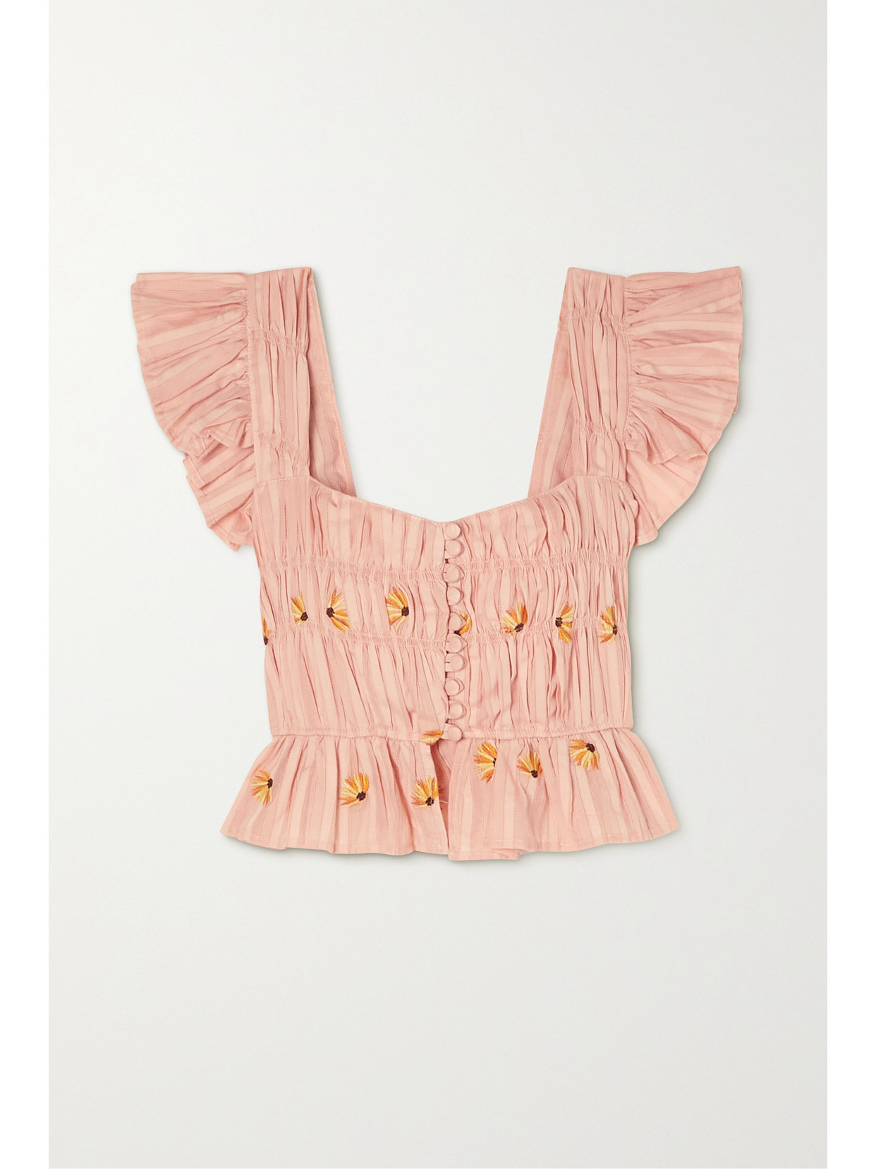 Lug Von Siga Sophie Ruffled Shirred Embroidered Cotton-voile Top In Pink