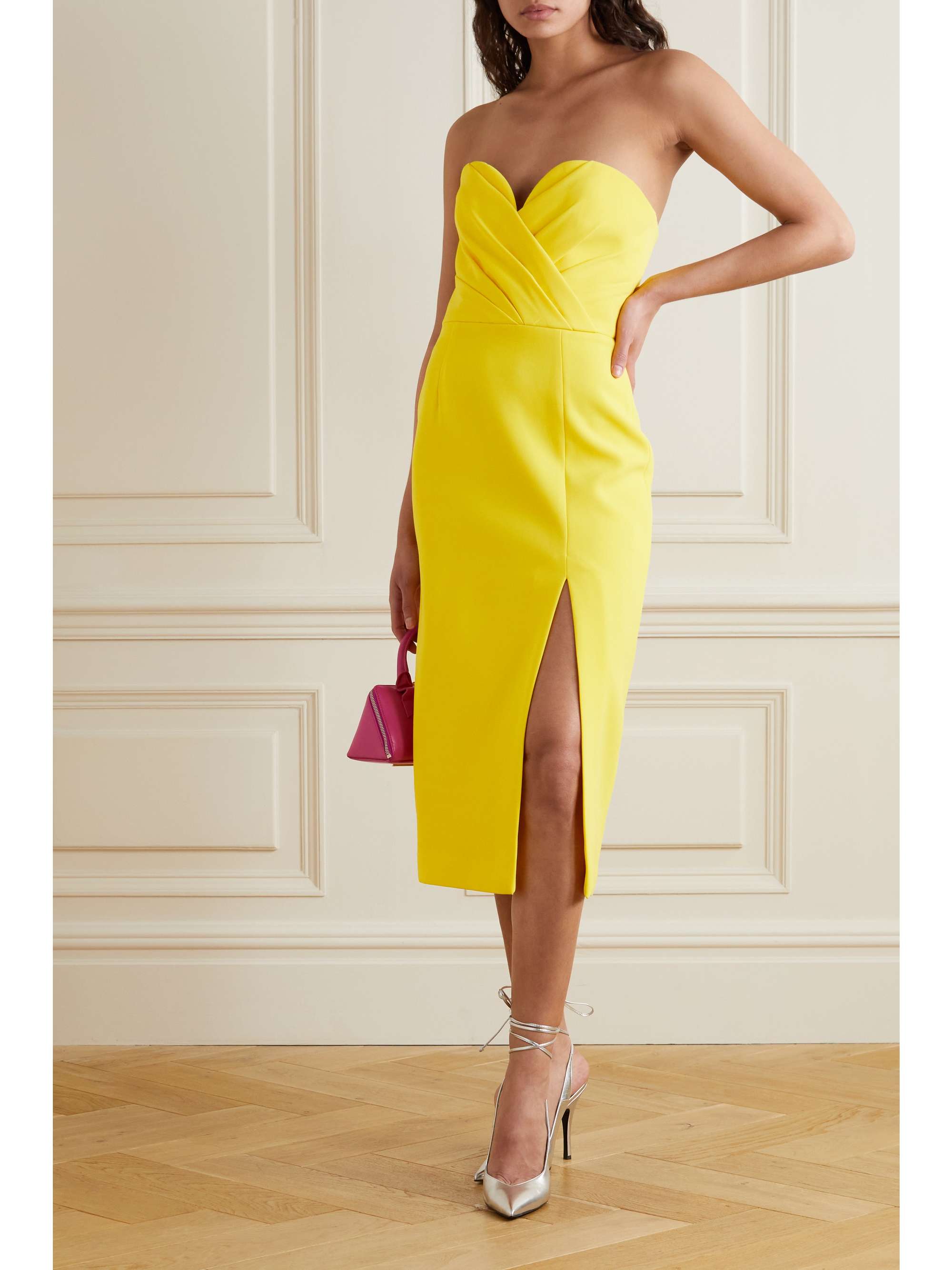 Yellow Rosanna strapless crepe midi 