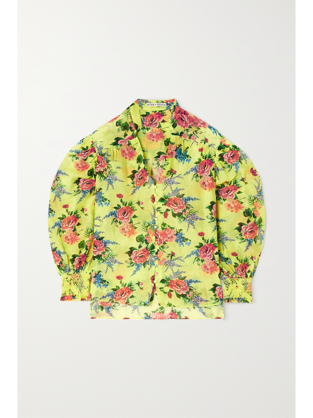 ALICE AND OLIVIA SERENA SMOCKED FLORAL-PRINT COTTON AND SILK-BLEND BLOUSE