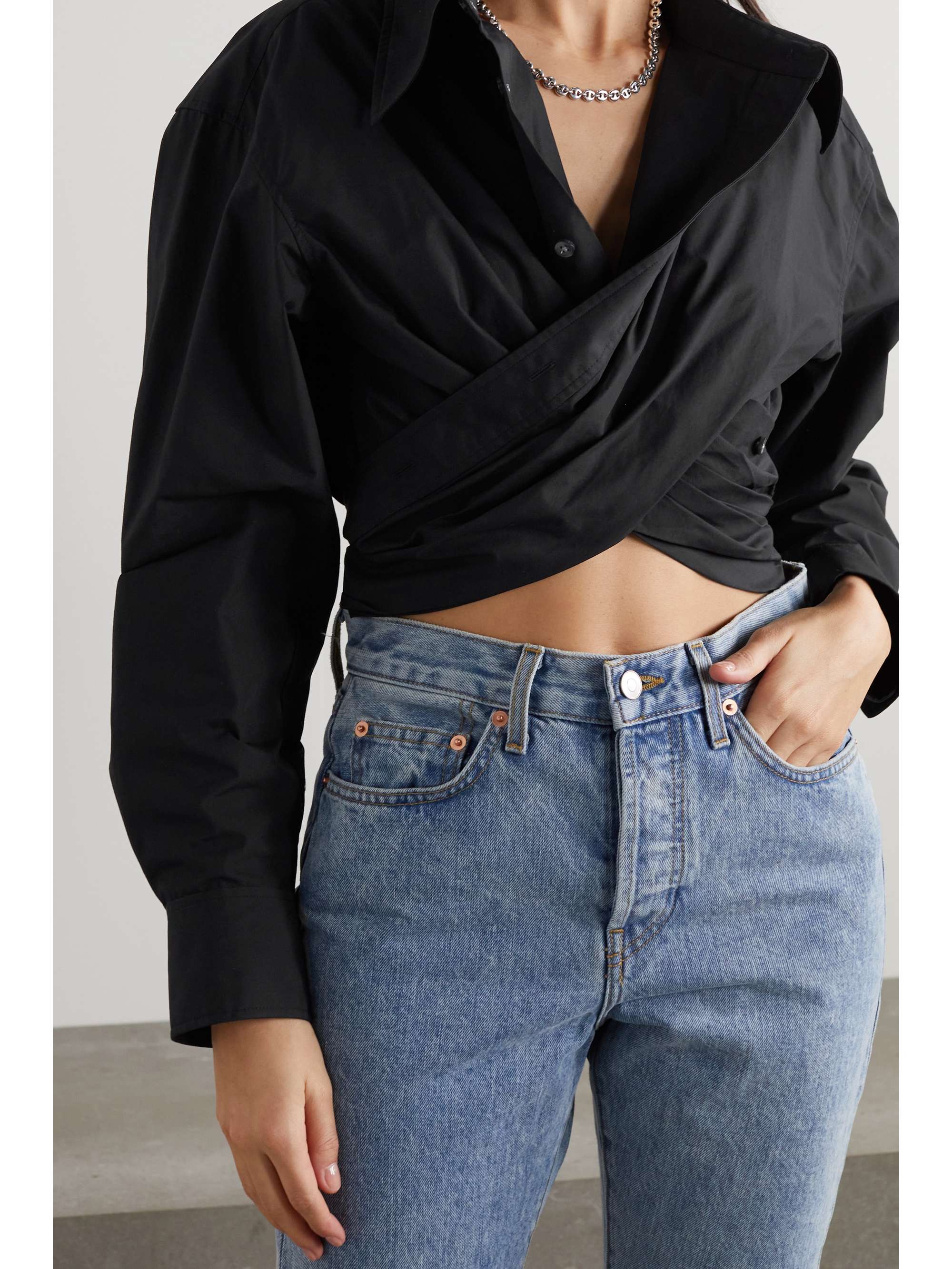 Black Cropped draped wrap-effect cotton 
