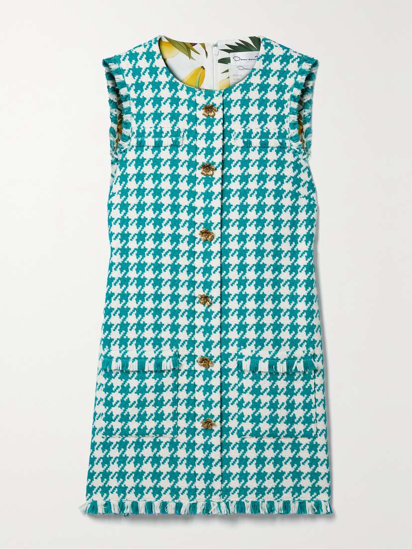 Oscar de la Renta Embellished Gingham Cotton-blend Tweed Mini Dress