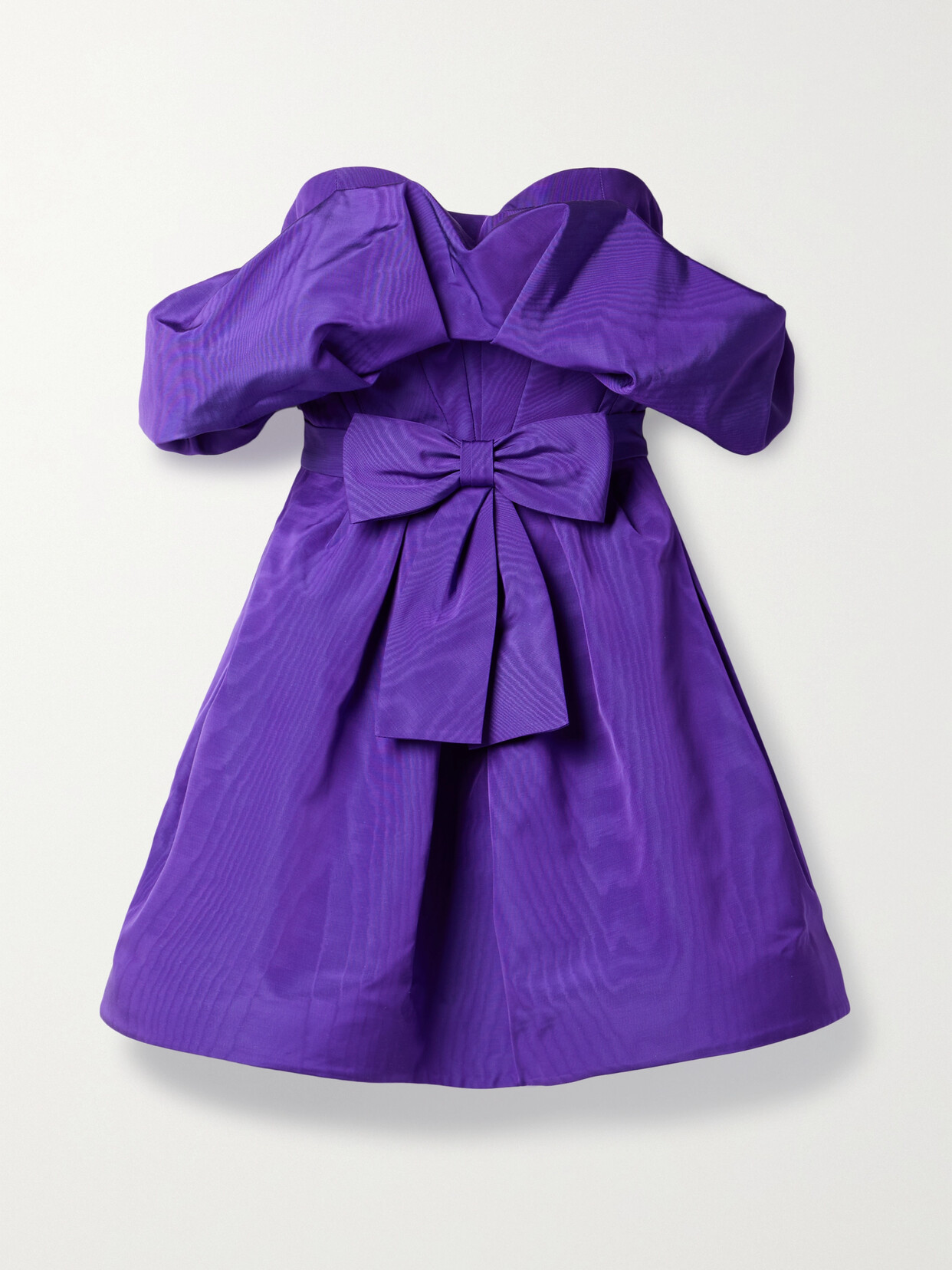 Shop Oscar De La Renta Strapless Bow-embellished Cotton-blend Moire Mini Dress In Purple