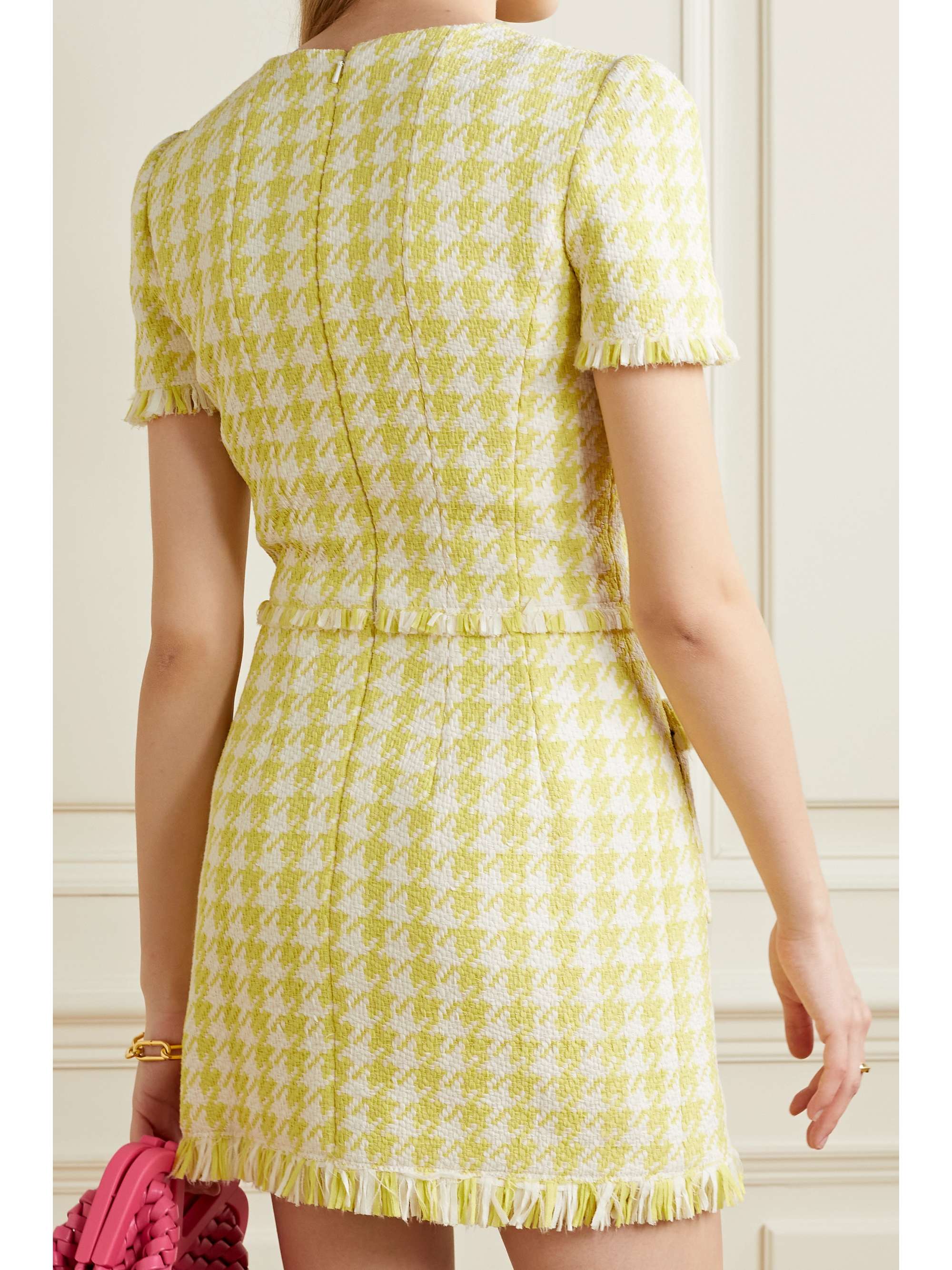 OSCAR DE LA RENTA Fringed houndsthooth cotton-blend tweed mini dress