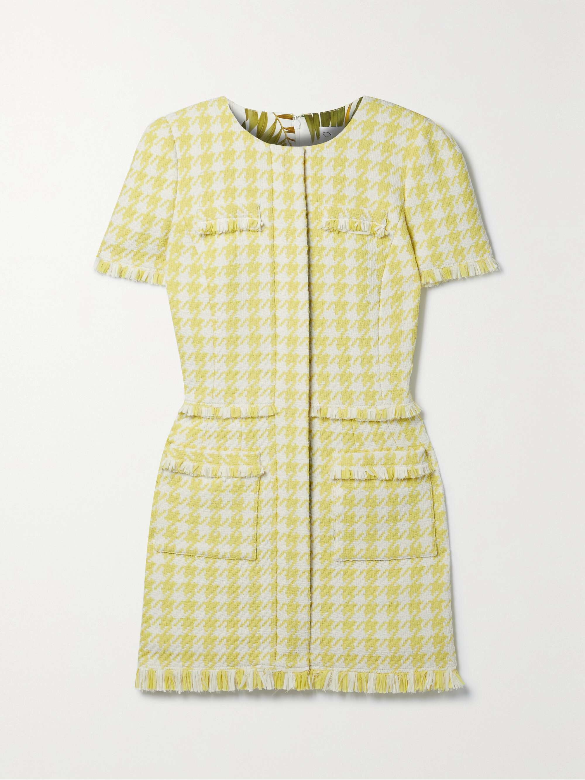OSCAR DE LA RENTA Fringed houndsthooth cotton-blend tweed mini dress