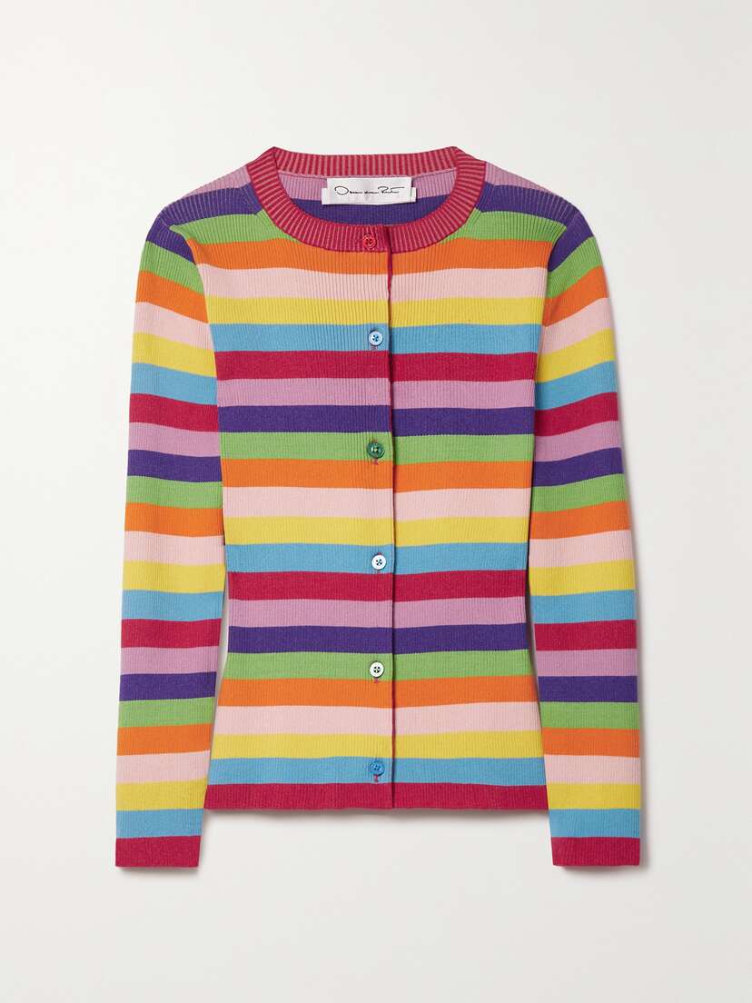 Oscar de la Renta Ribbed Striped Silk-blend Cardigan - x large