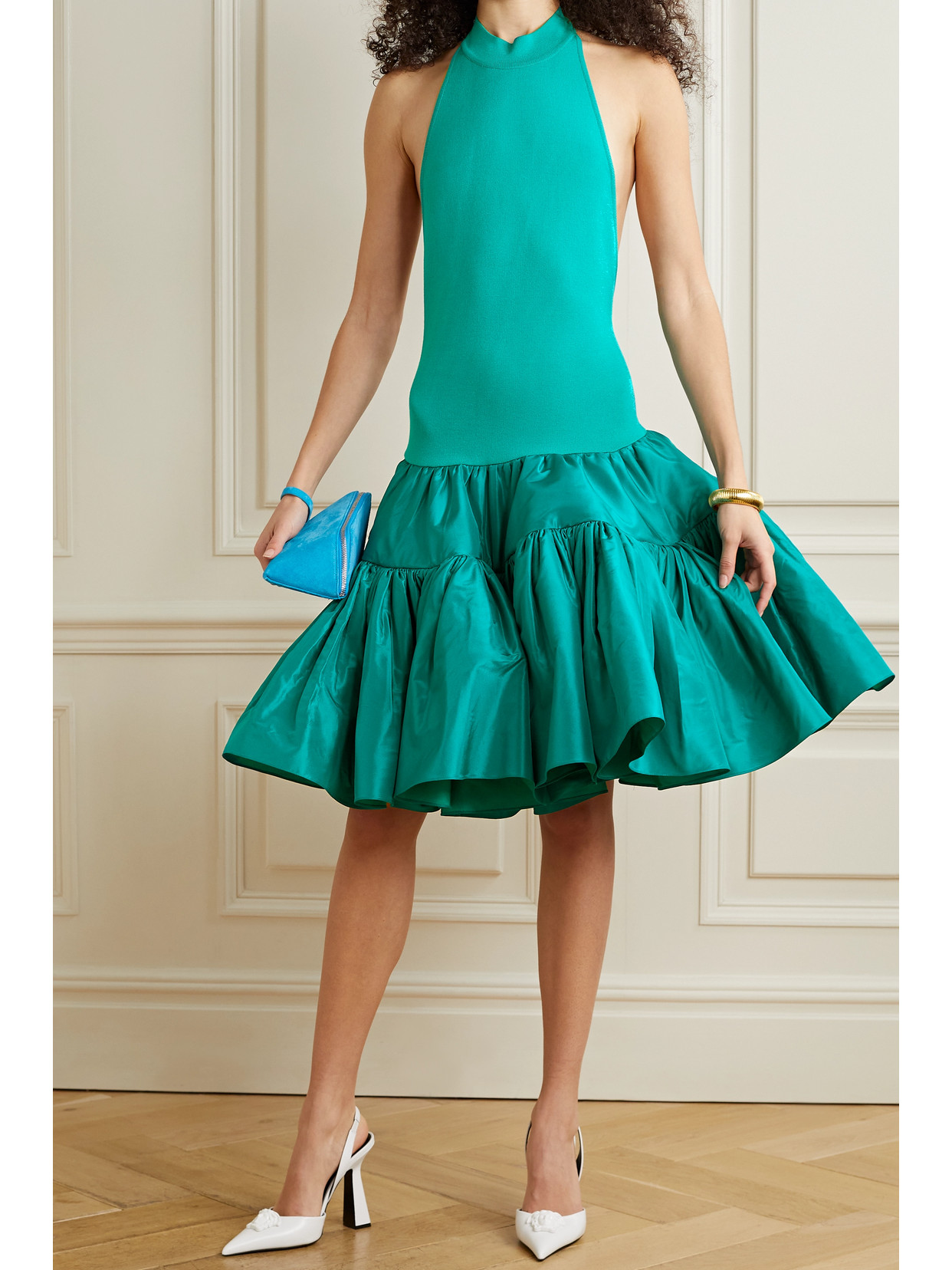 Oscar De La Renta Tiered Stretch-knit And Silk-taffeta Halterneck Mini Dress In Blue