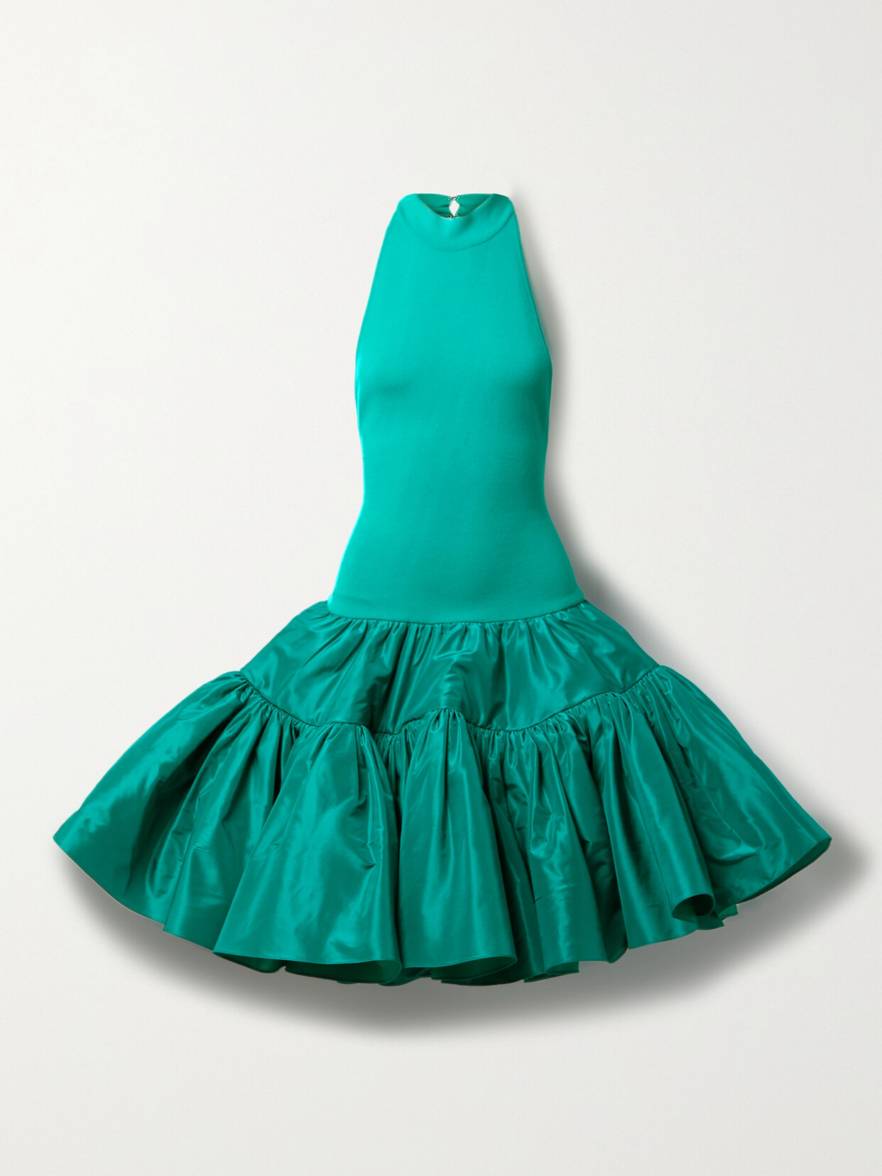 Oscar De La Renta Tiered Stretch-knit And Silk-taffeta Halterneck Mini Dress In Seagreen