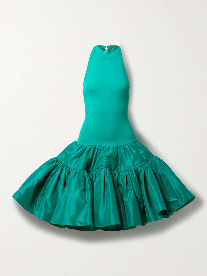 Oscar de la Renta Tiered Stretch-knit And Silk-taffeta Halterneck Mini Dress