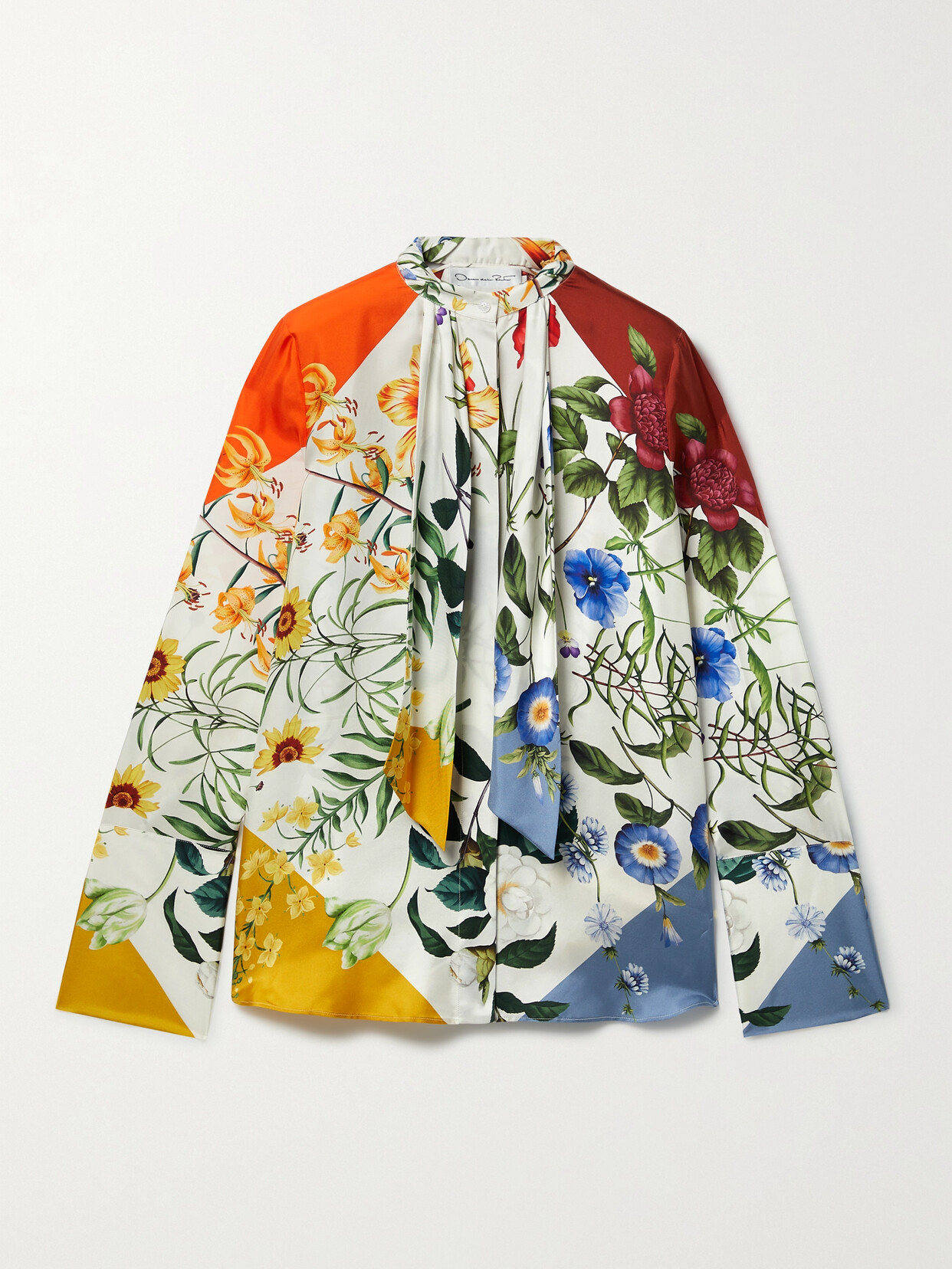 Oscar de la Renta Tie-neck Floral-print Silk-satin Twill Shirt