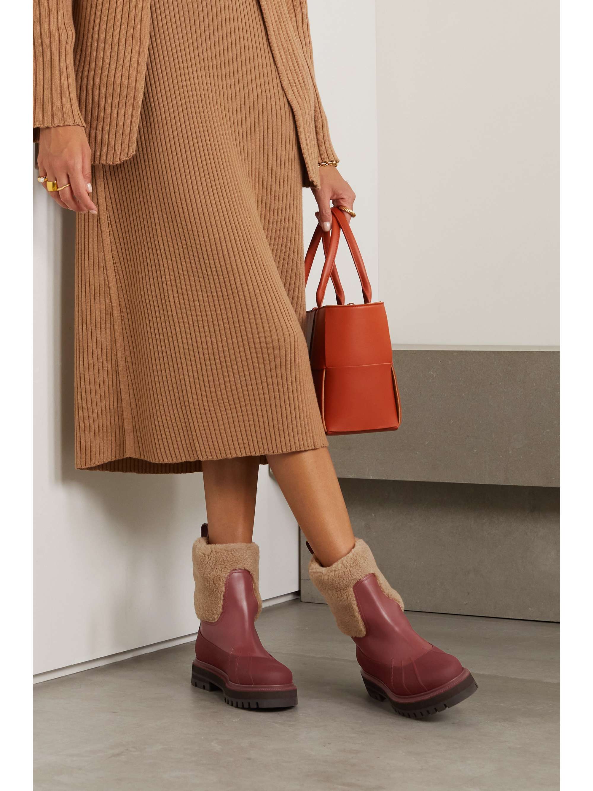 LORO PIANA Regent cashmere and silk-blend fleece and leather ankle boots