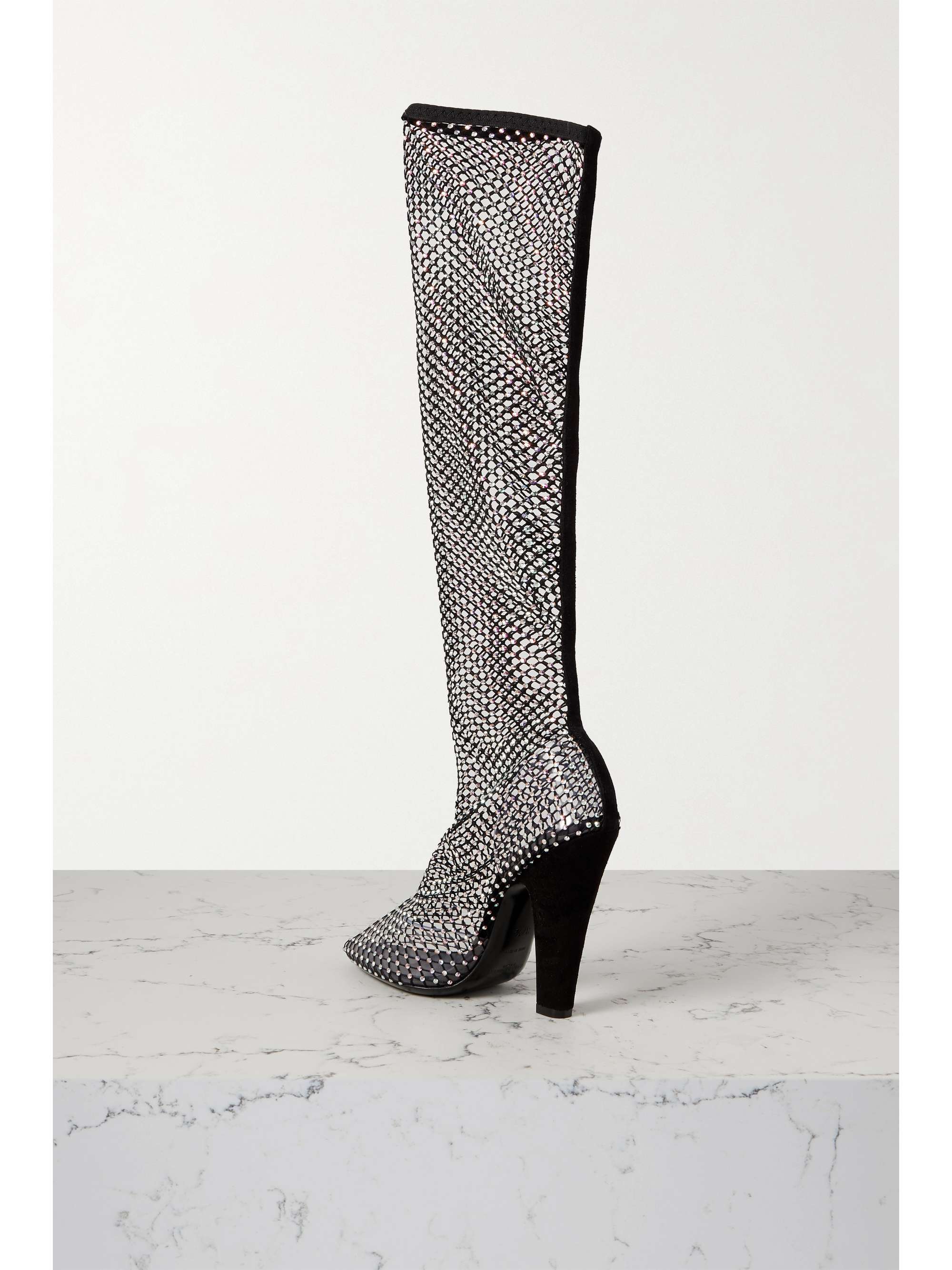 SAINT LAURENT Suede-trimmed crystal-embellished fishnet knee boots