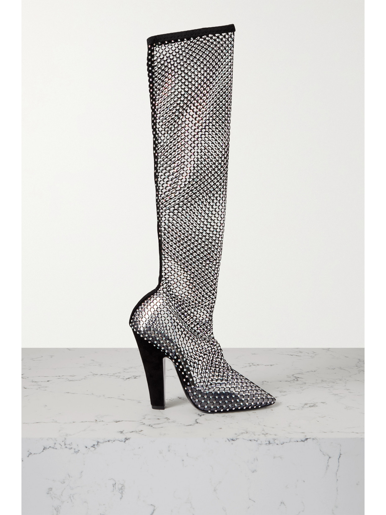 SAINT LAURENT SUEDE-TRIMMED CRYSTAL-EMBELLISHED FISHNET KNEE BOOTS