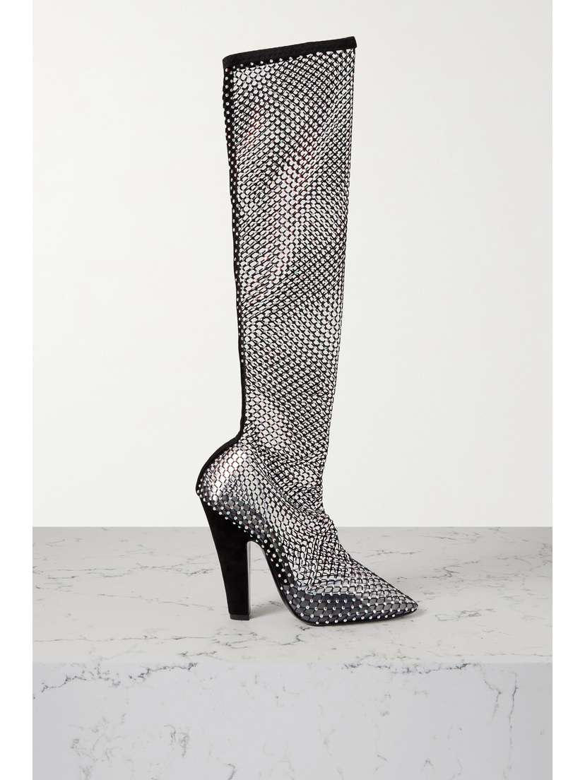 Saint Laurent Suede-trimmed Crystal-embellished Fishnet Knee Boots