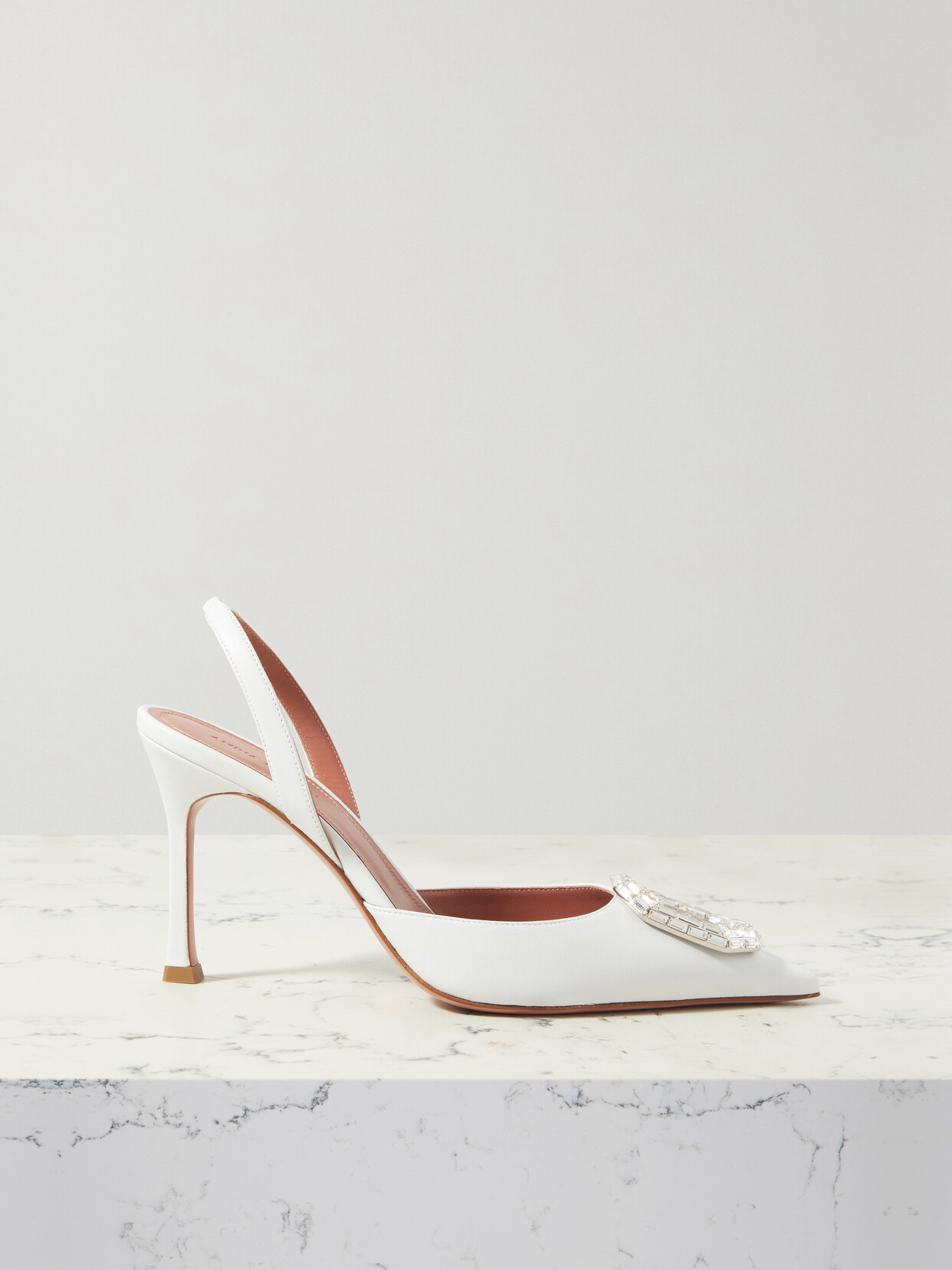 Amina Muaddi Rosie Leather Crystal Bow Slingback Pumps In White