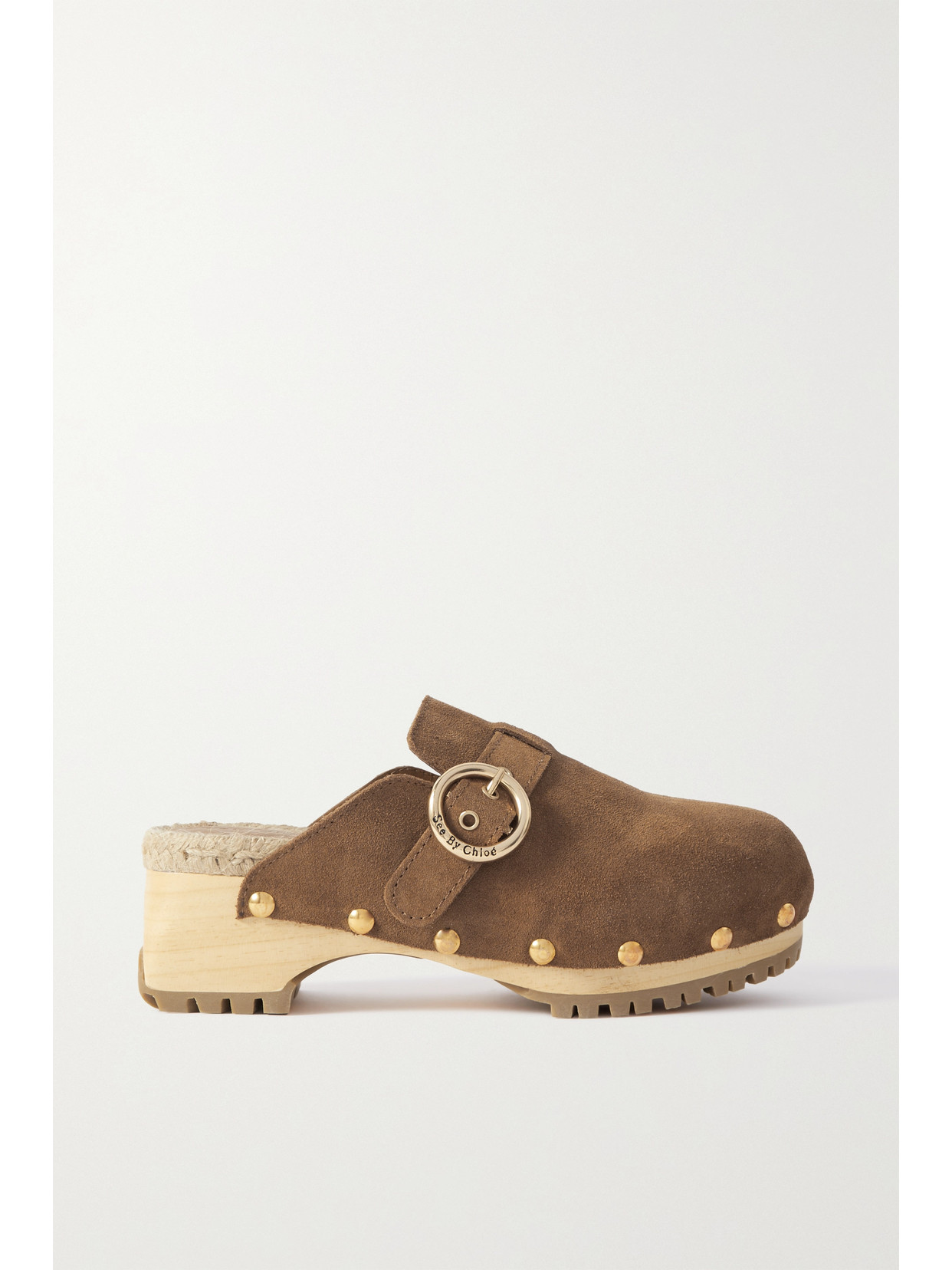 SEE BY CHLOÉ VIVIANE STUDDED BUCKLED SUEDE CLOGS