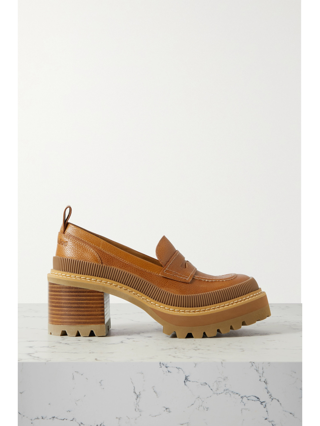 See By Chloé Mahalia Textured-leather Heeled Loafers In Brown