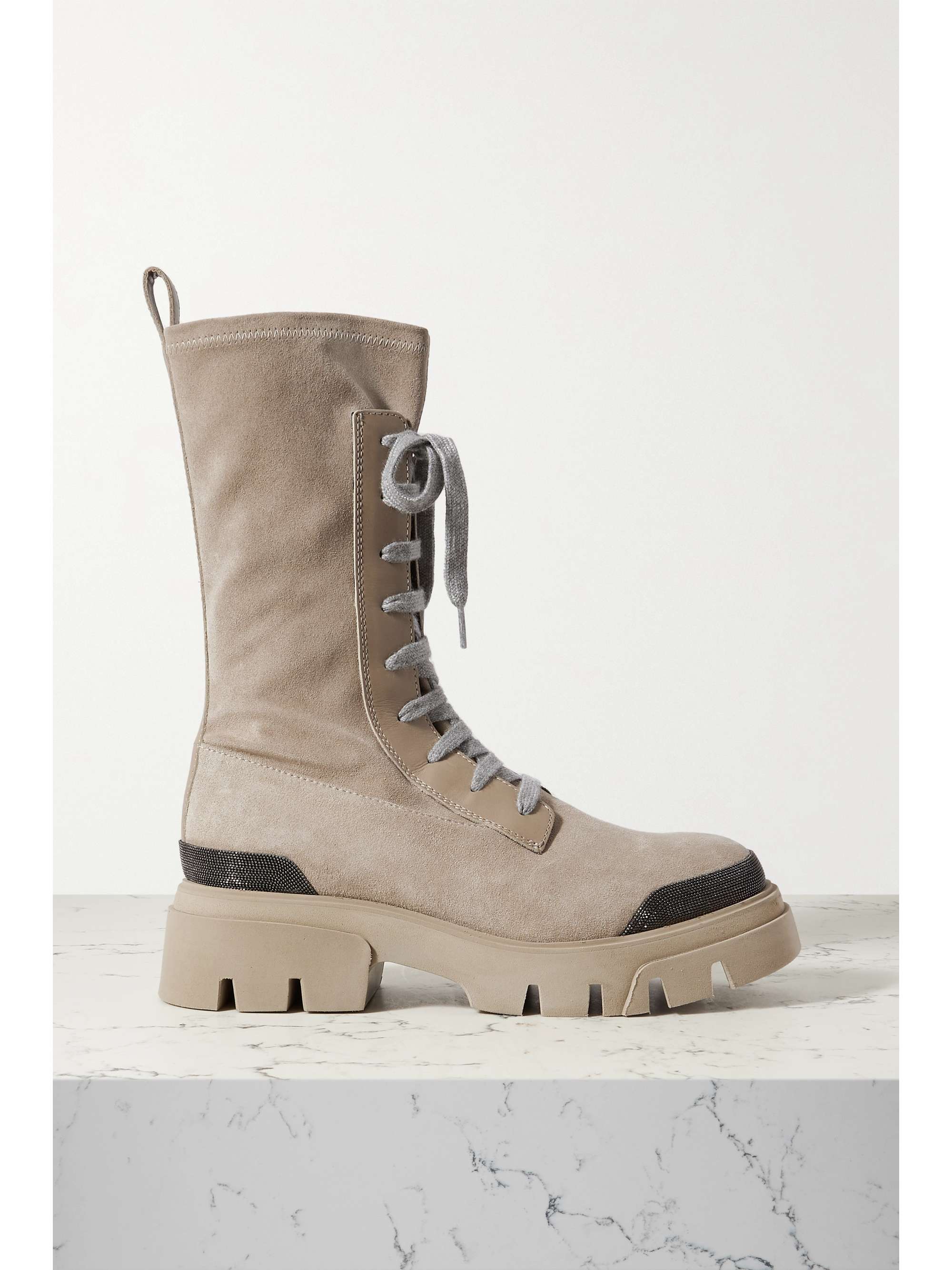 Brunello Cucinelli - Leather-trimmed Bead-embellished Suede Ankle Boots - Gray - IT38.5 - Net A Porter