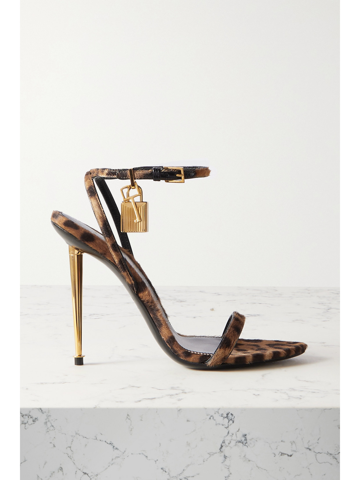 TOM FORD PADLOCK EMBELLISHED LEOPARD-PRINT CALF HAIR SANDALS