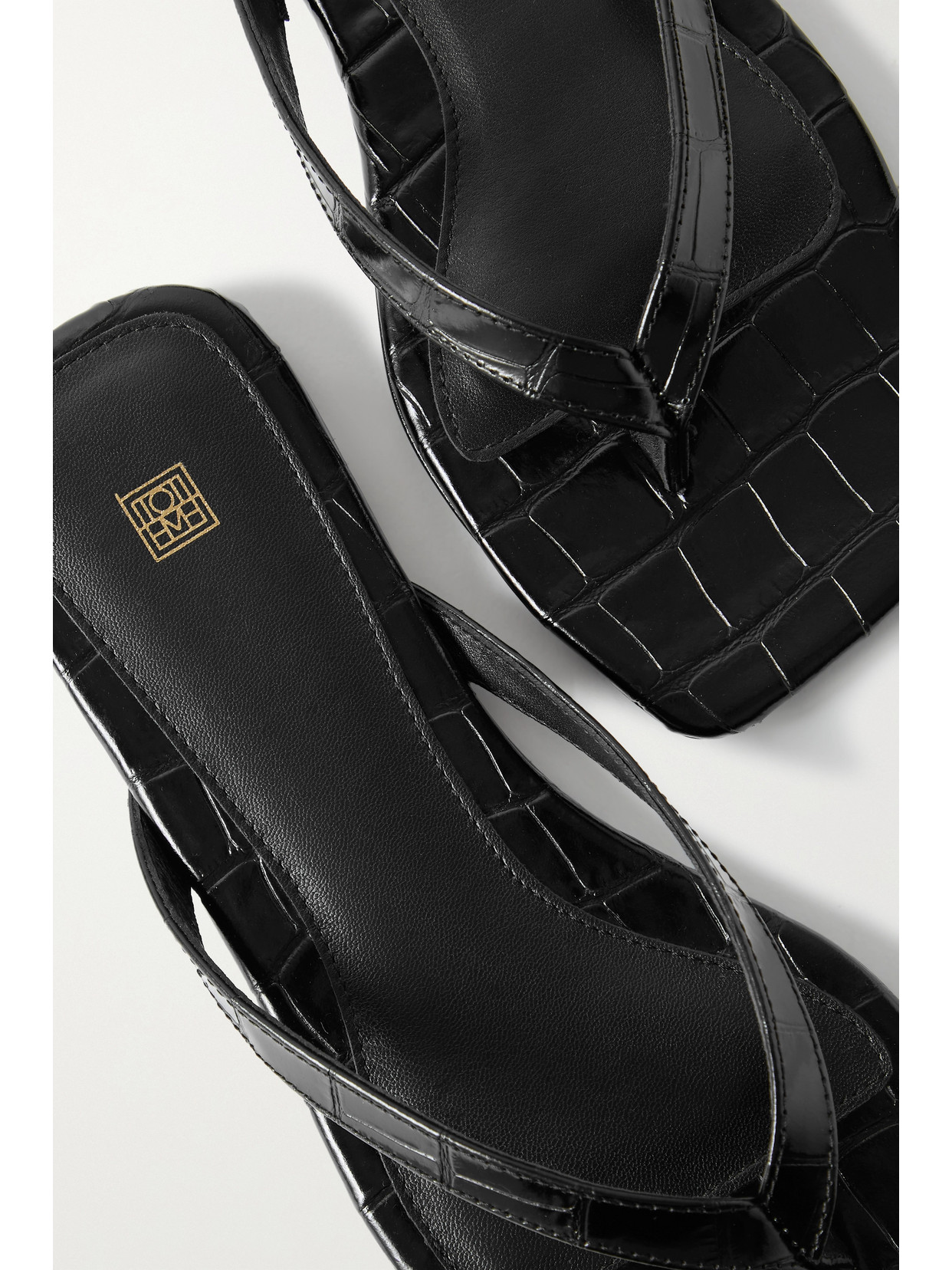 Shop Totême Croc-effect Leather Flip Flops In Black