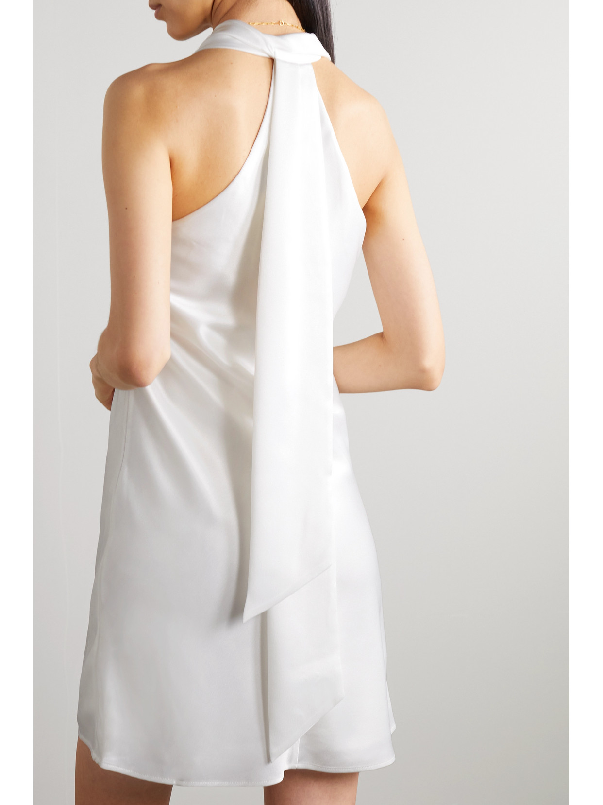 Shop Galvan Pandora Tie-detailed Satin Halterneck Mini Dress In White