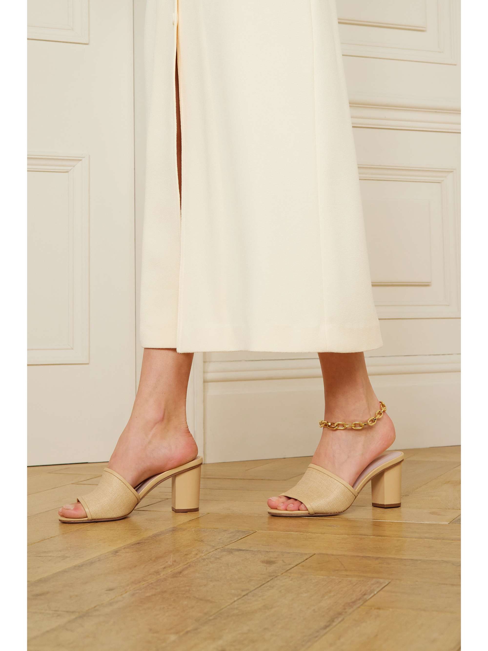 PORTE & PAIRE Leather-trimmed raffia mules