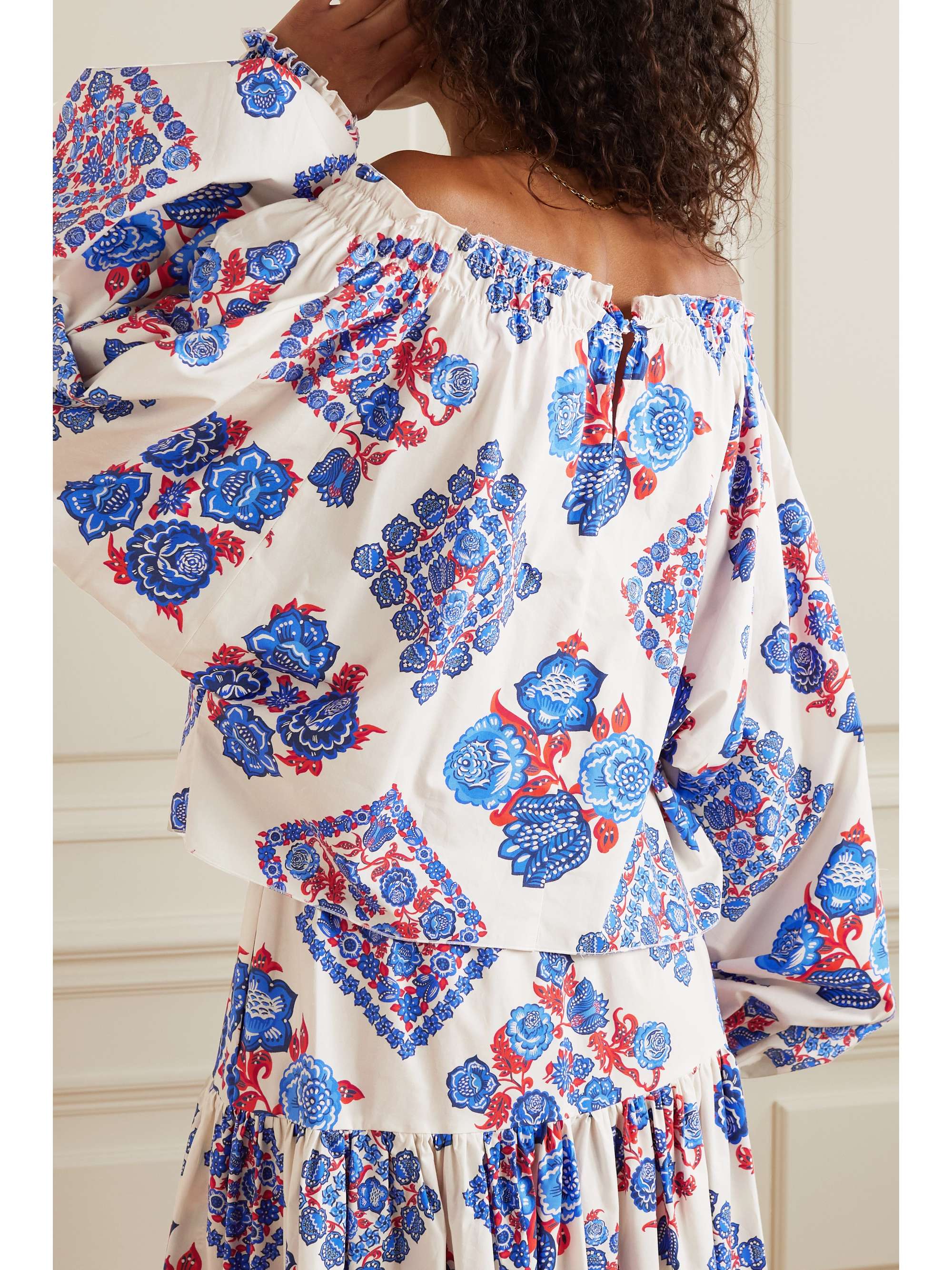 LA DOUBLEJ Cowgirl off-the-shoulder printed-cotton poplin top