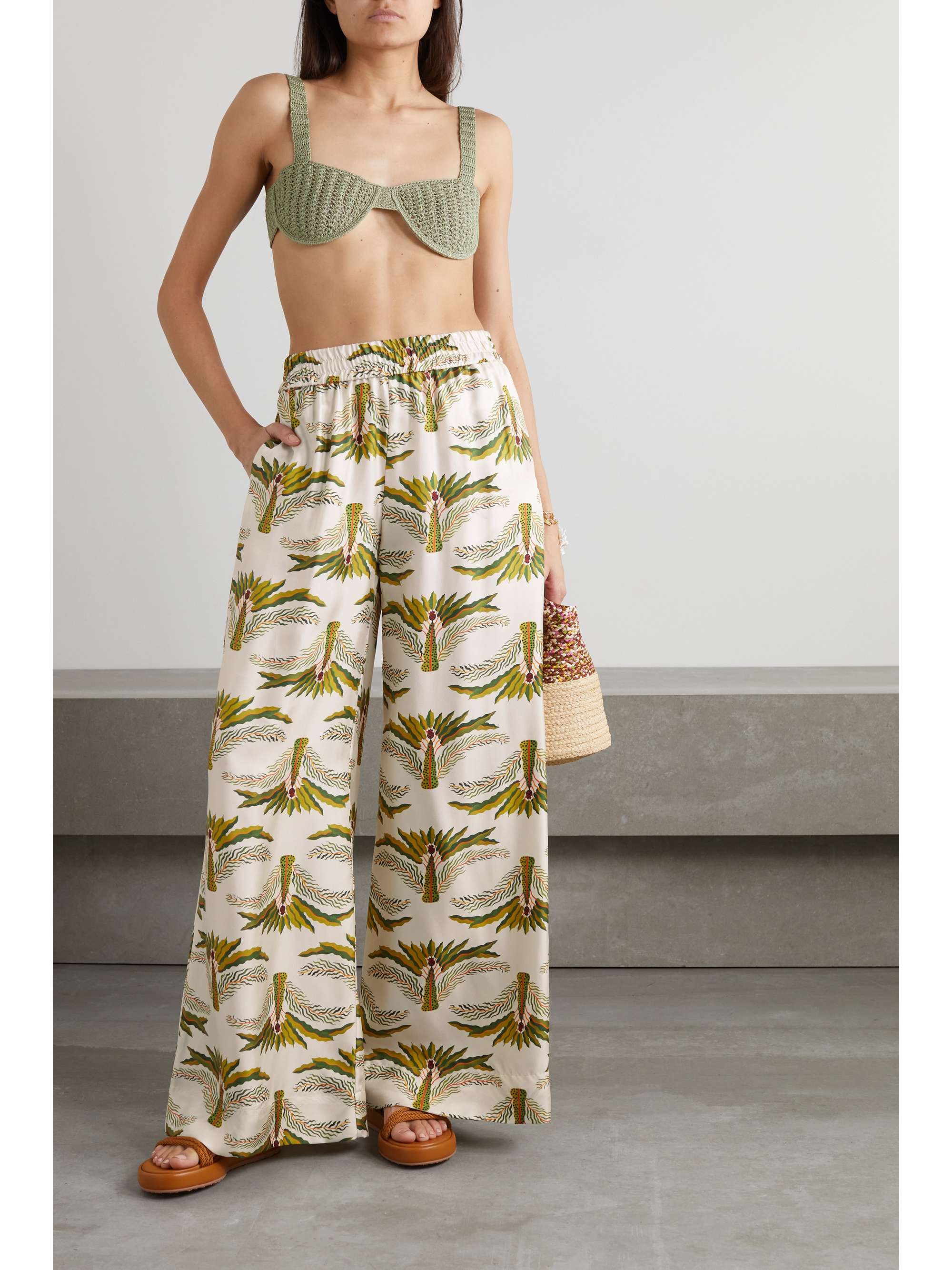 Beige Printed silk-twill wide-leg pants 