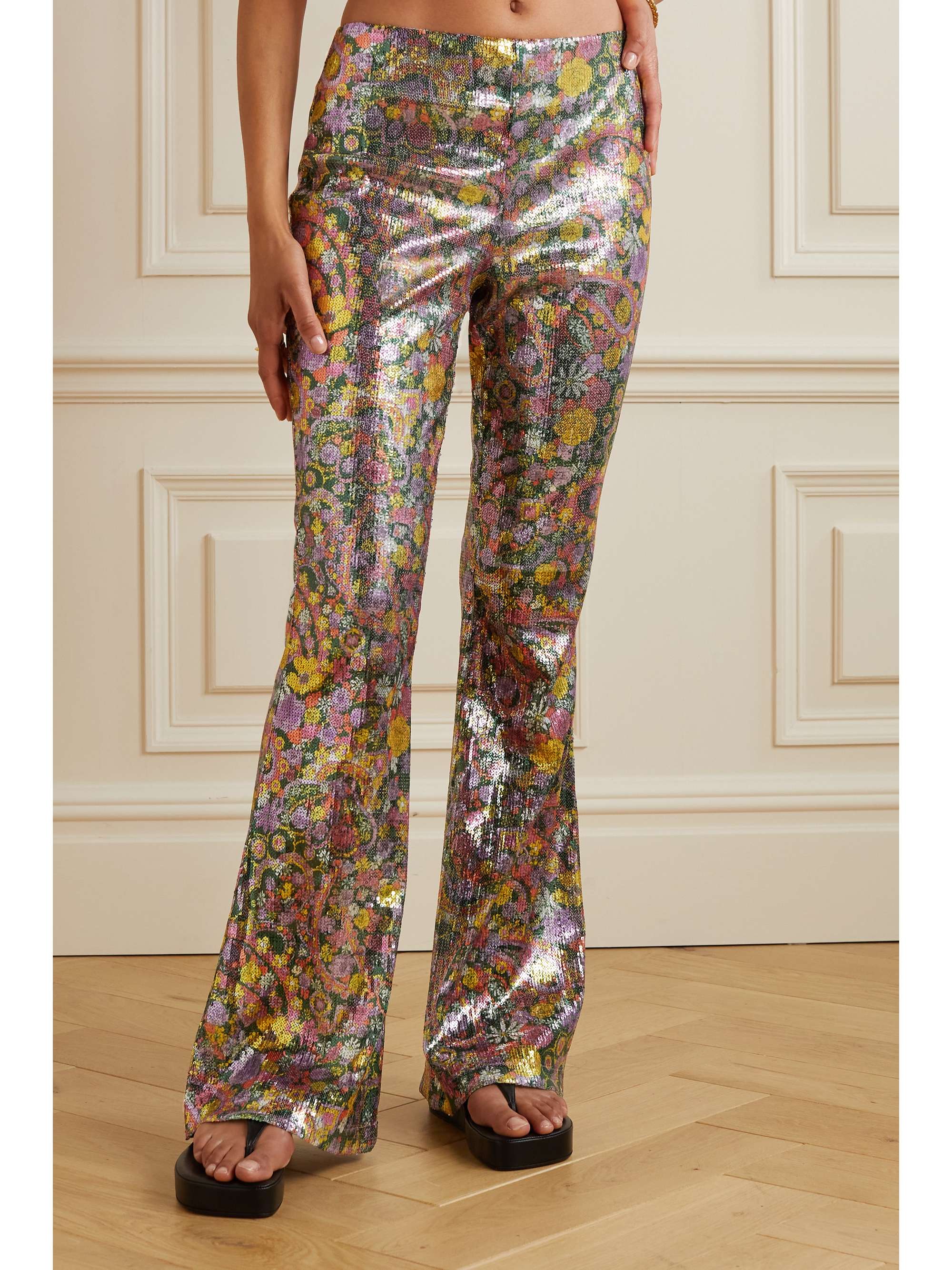 LA DOUBLEJ Disco floral-print sequined tulle flared pants
