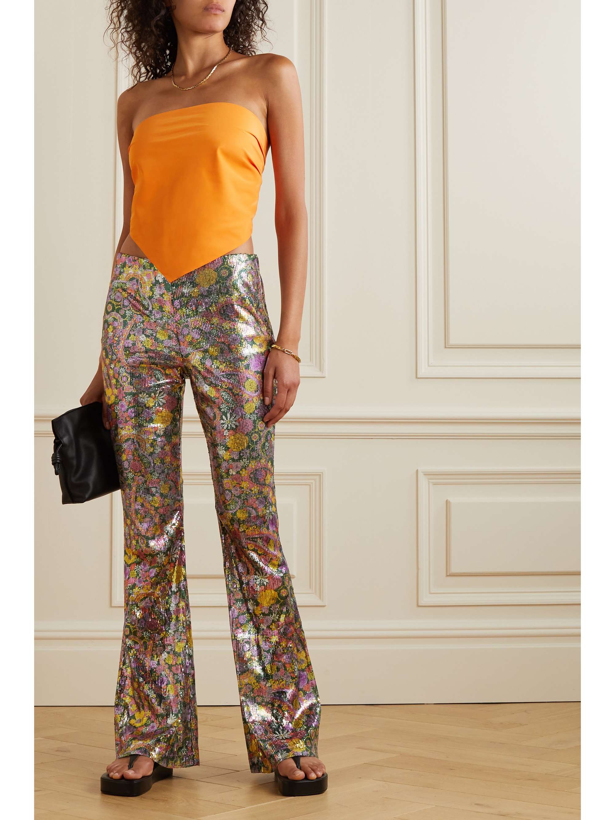 LA DOUBLEJ Disco floral-print sequined tulle flared pants