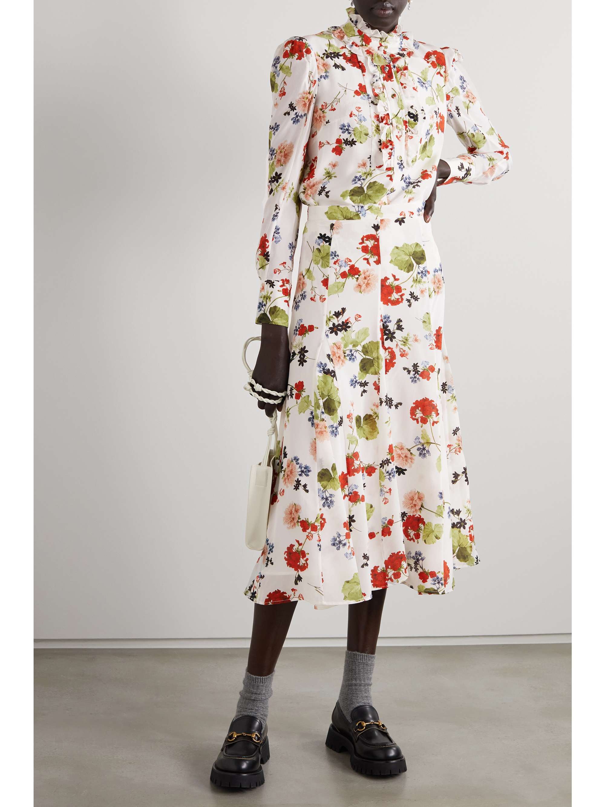 ERDEM Constance 褶饰花卉印花真丝双绉女衫