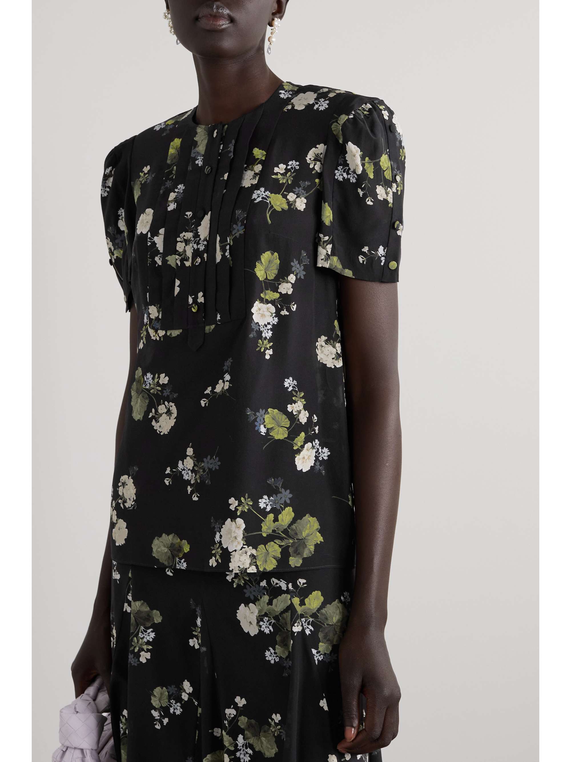 ERDEM Heidi 车缝褶花卉印花真丝双绉女衫