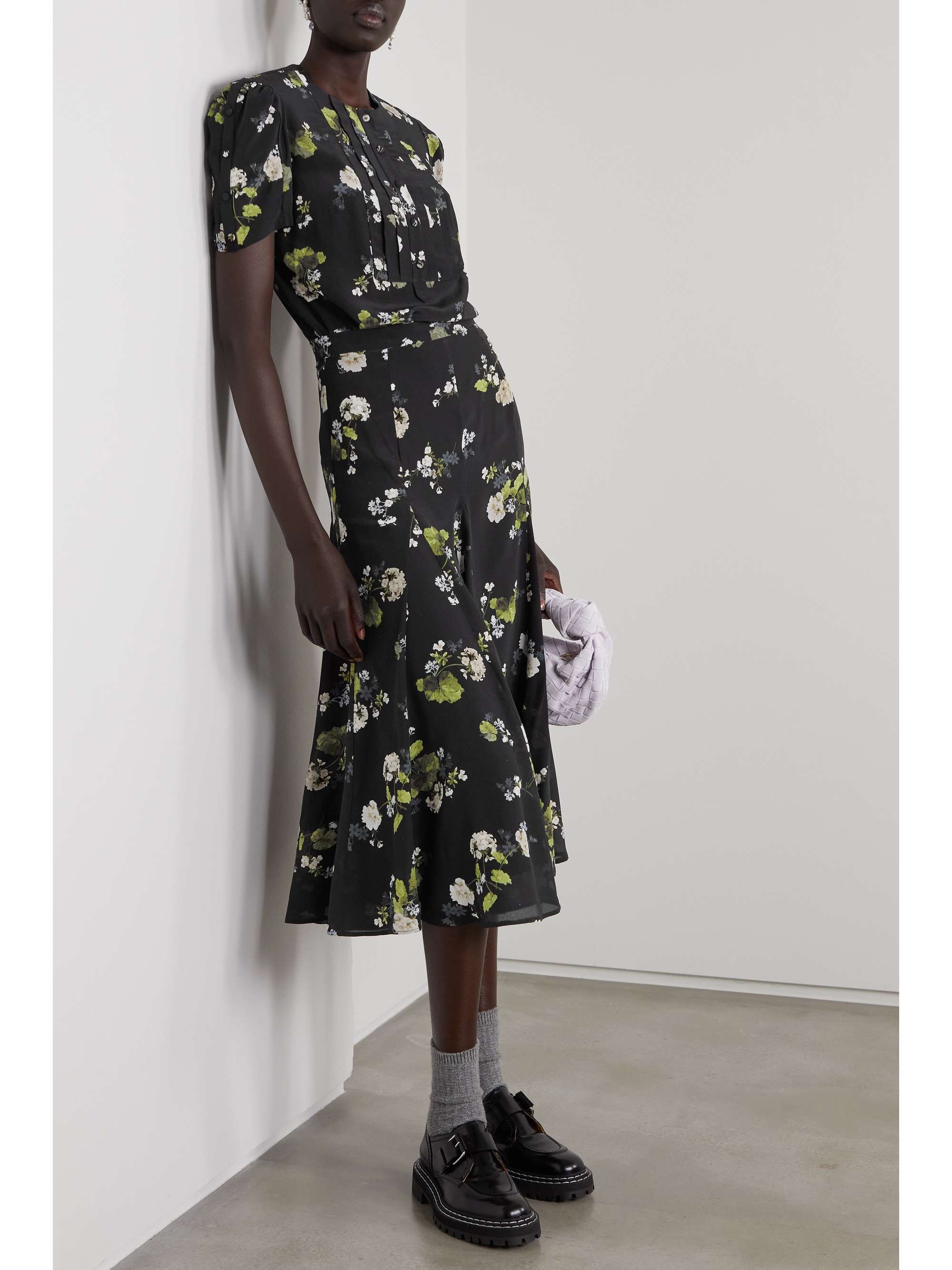 ERDEM Heidi 车缝褶花卉印花真丝双绉女衫