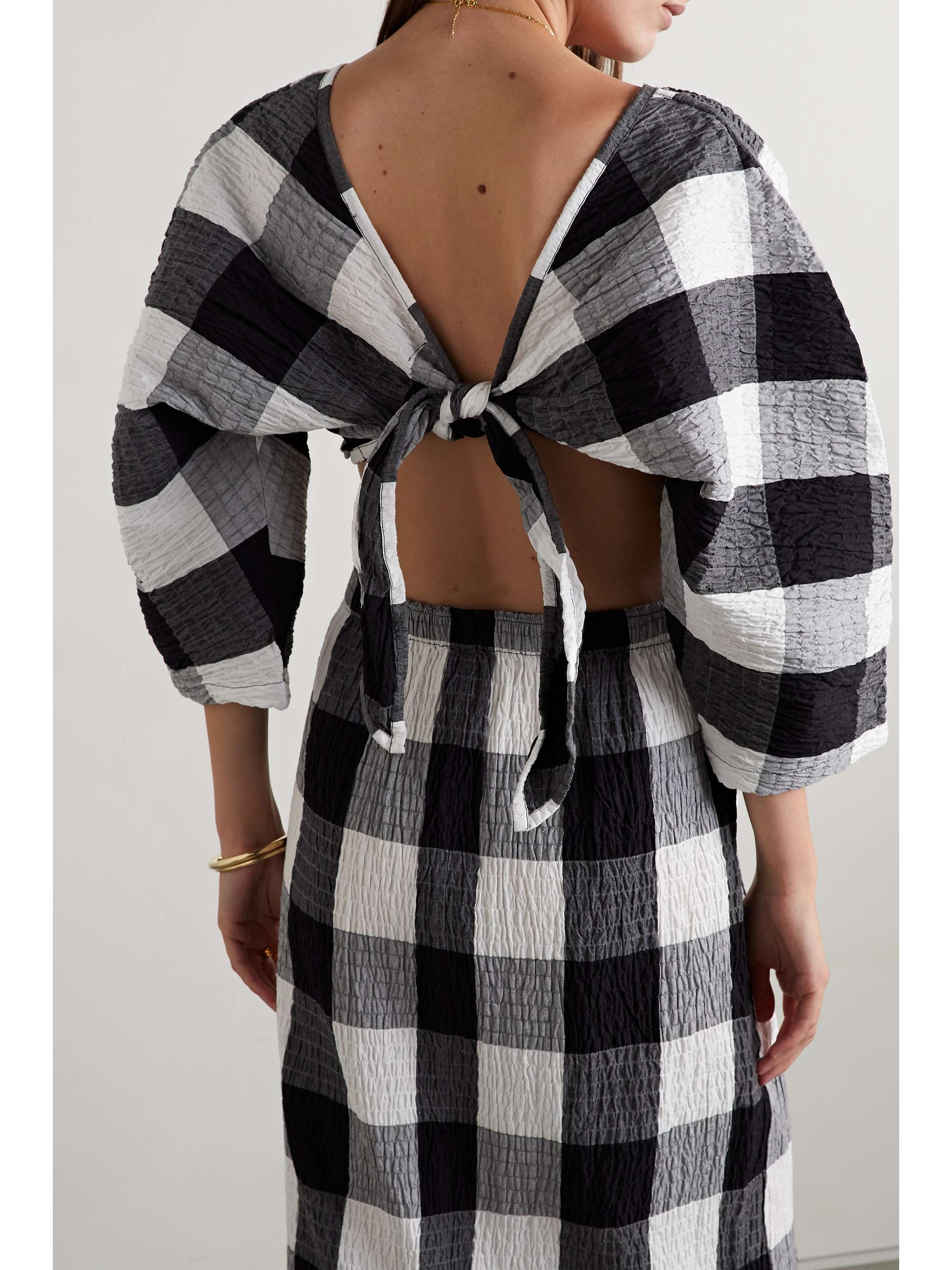 MARA HOFFMAN Justine cropped checked shirred organic cotton-blend top