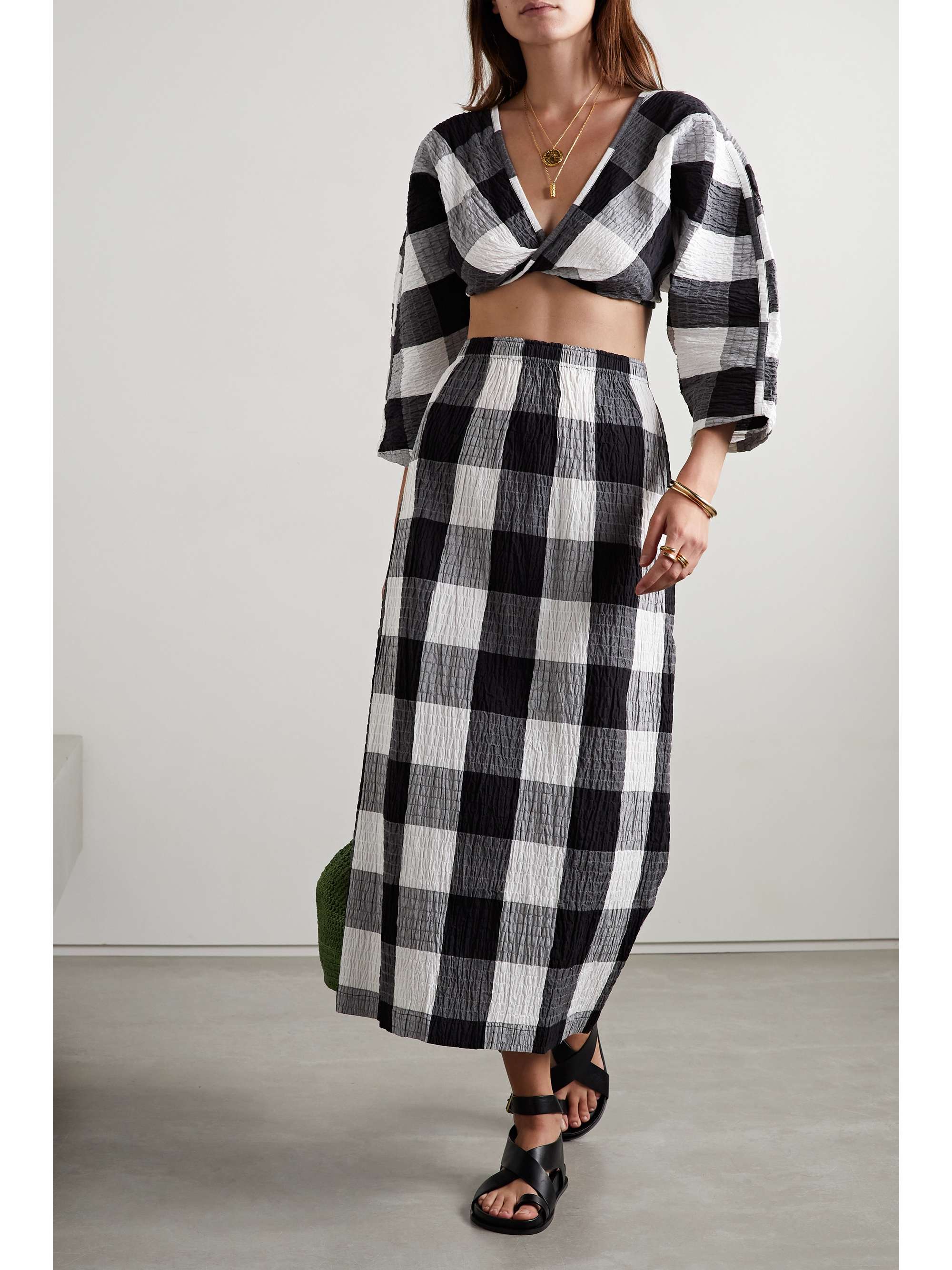MARA HOFFMAN Justine cropped checked shirred organic cotton-blend top