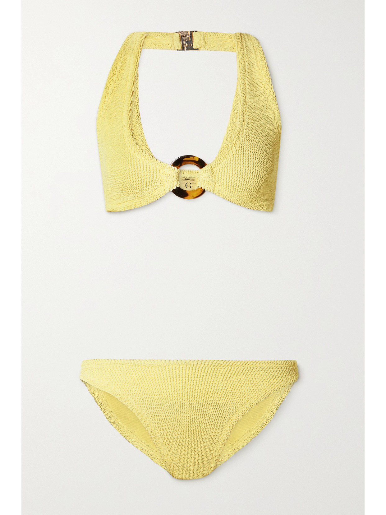 Hunza G + Net Sustain Coco Embellished Seersucker Halterneck Bikini In