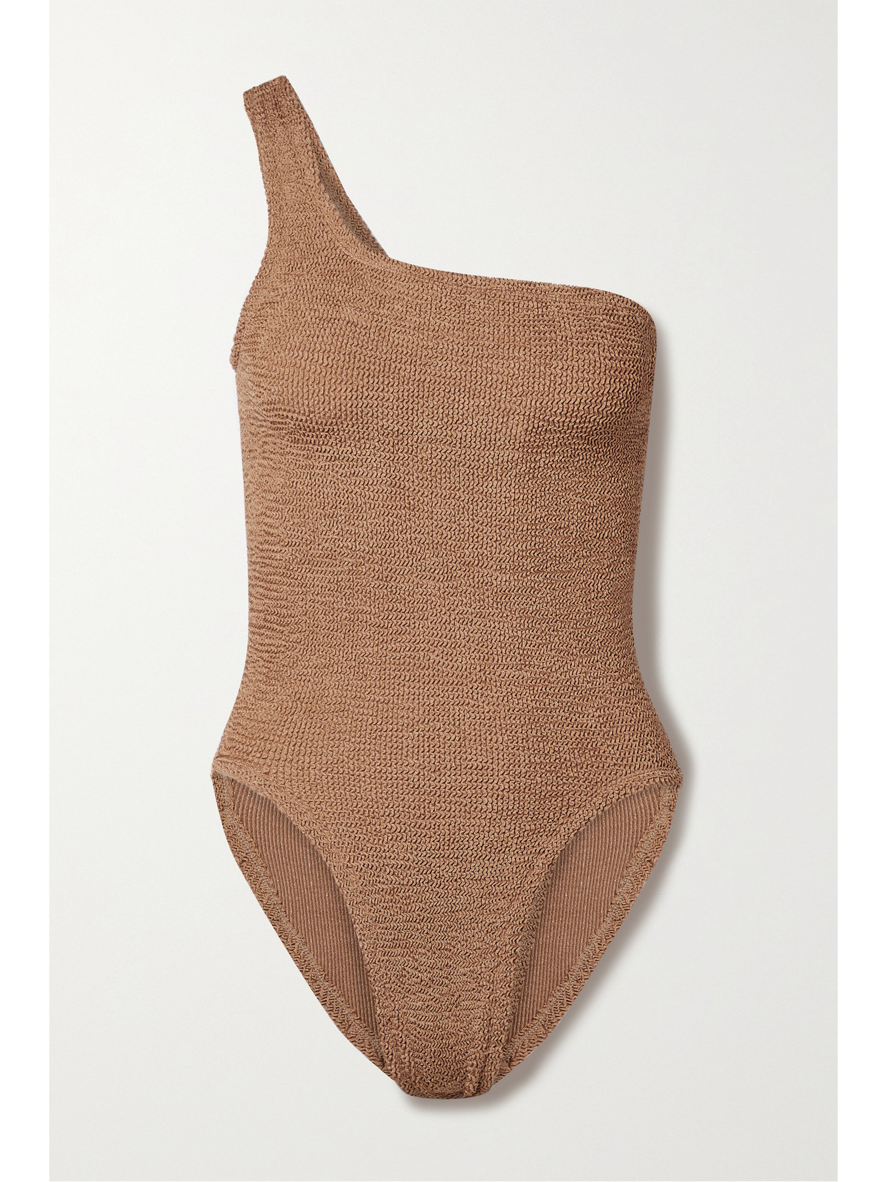 Hunza G + Net Sustain Nancy One-shoulder Seersucker Swimsuit In Brown