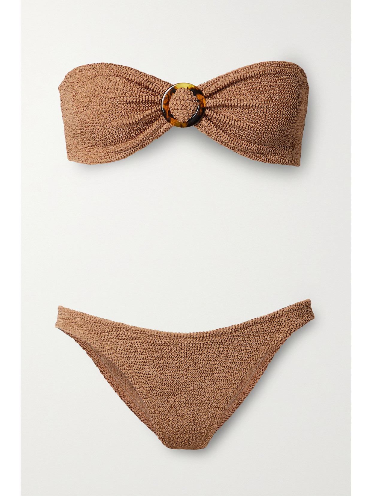 Hunza G + Net Sustain Flora Embellished Metallic Seersucker Bandeau Bikini In Brown