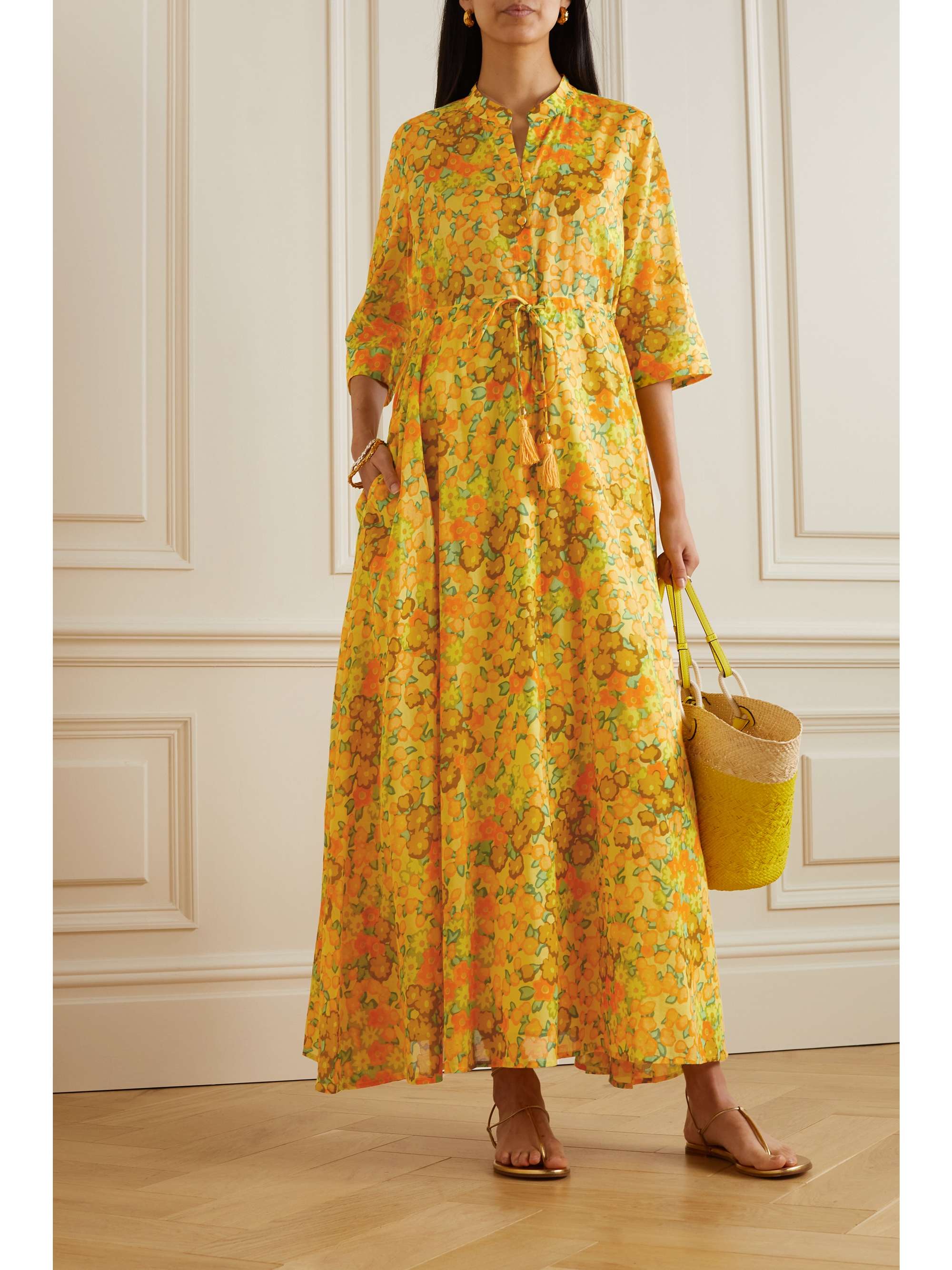 Yellow Floral-print cotton-voile maxi 