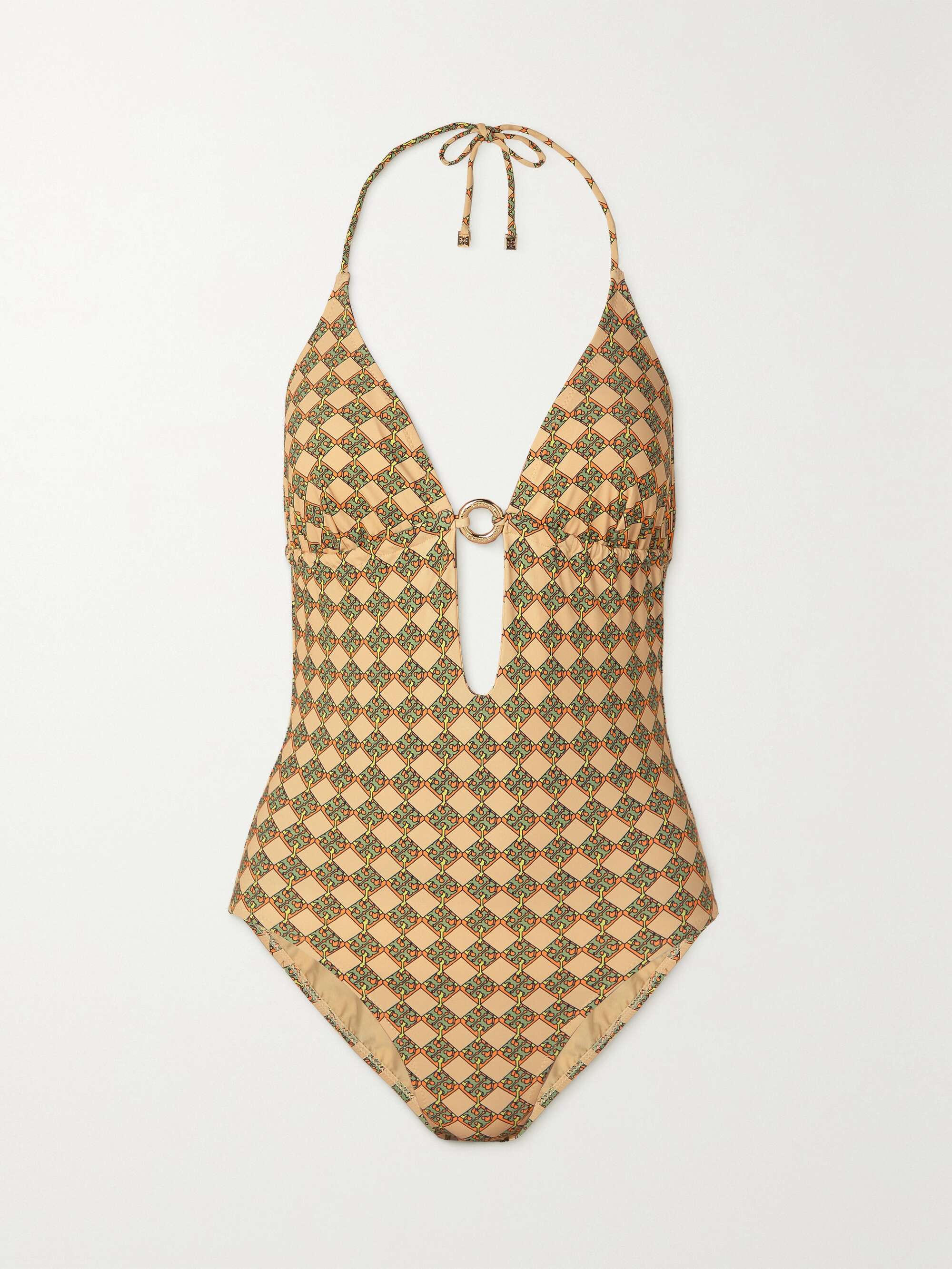 TORY BURCH Embellished printed halterneck swimsuit | NET-A-PORTER