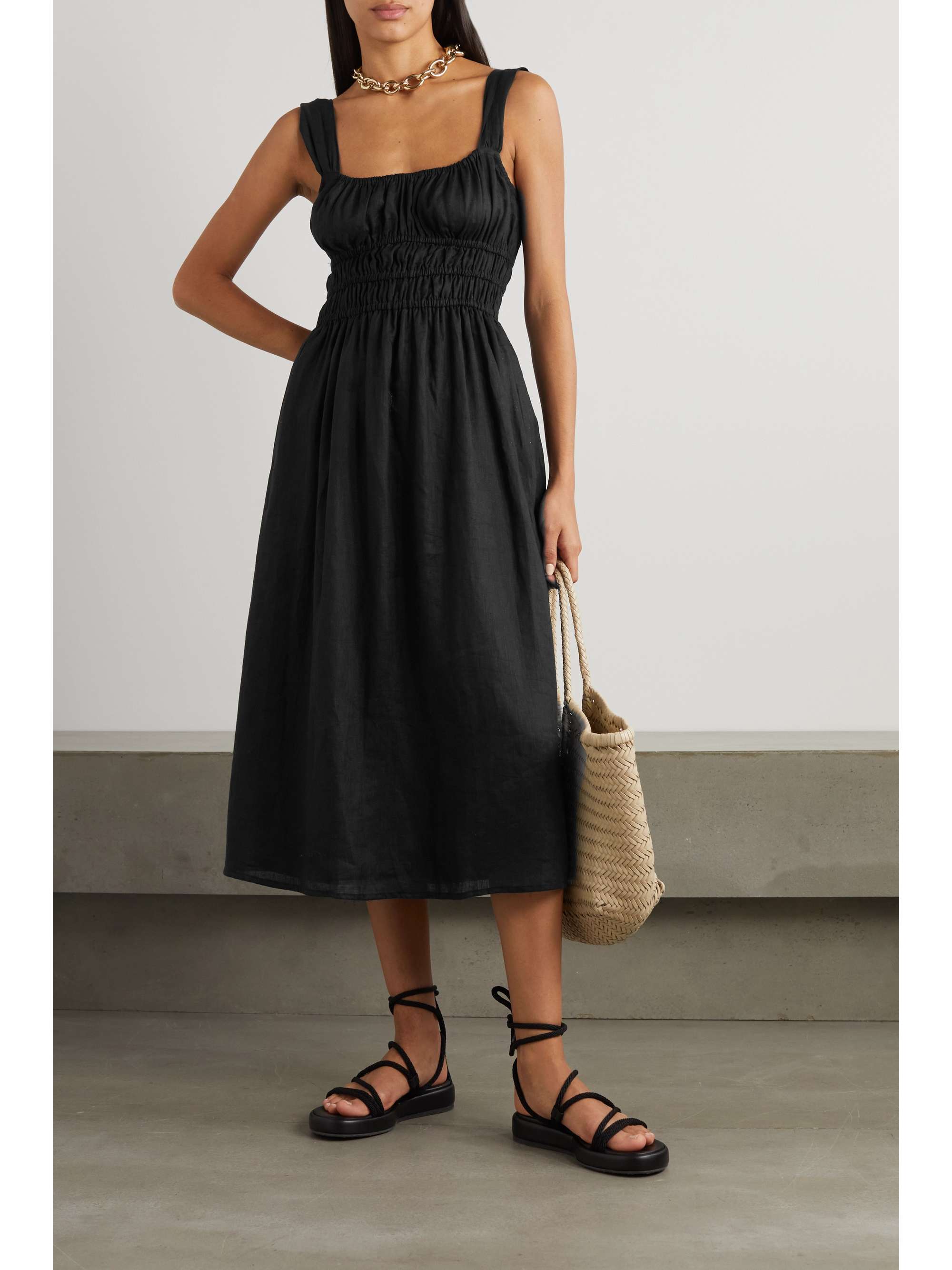 FAITHFULL Emory ruched linen midi-dress