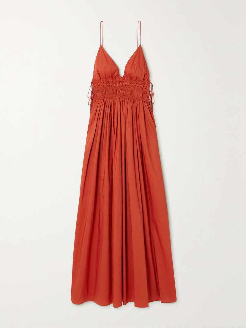 Matteau + Net Sustain Tie-detailed Shirred Organic Cotton-poplin Maxi Dress