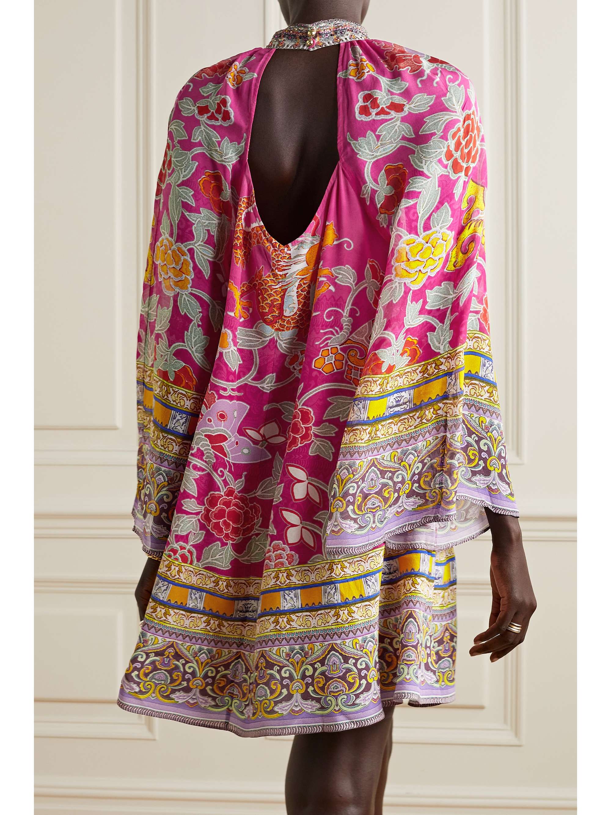 CAMILLA Embellished printed silk crepe de chine and chiffon mini dress