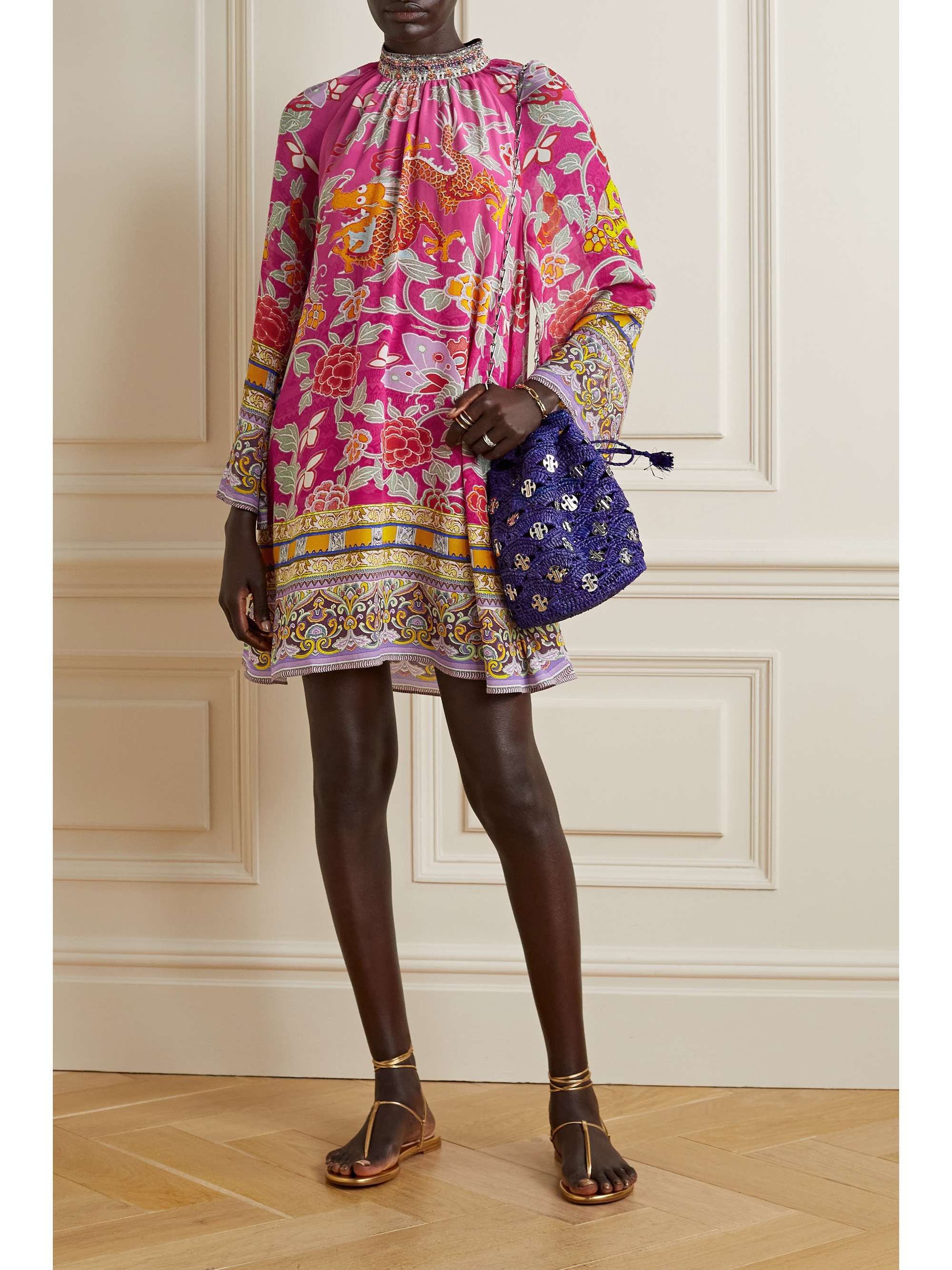 CAMILLA Embellished printed silk crepe de chine and chiffon mini dress